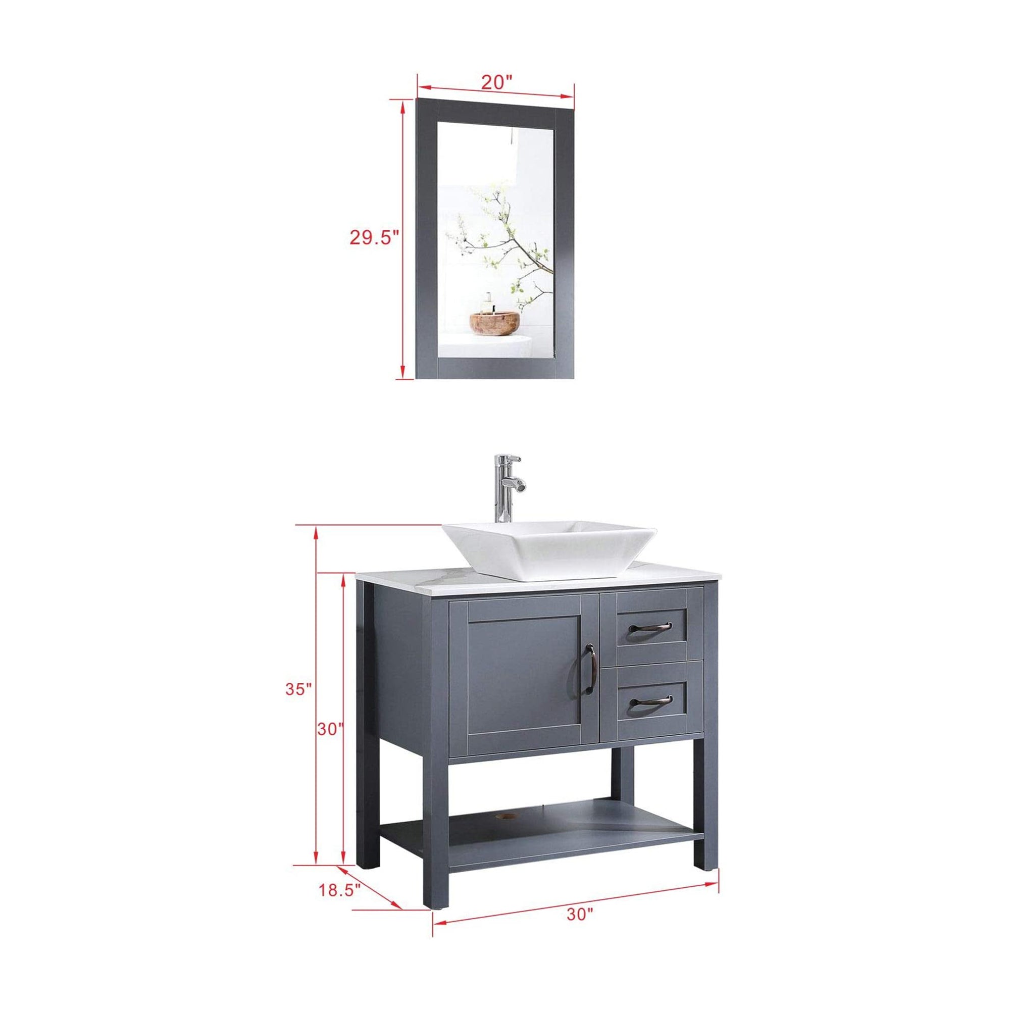 30 Inch MDF Freestanding Bathroom Vanity Set in Gray with Wood Top and Ceramic Sink and Faucet