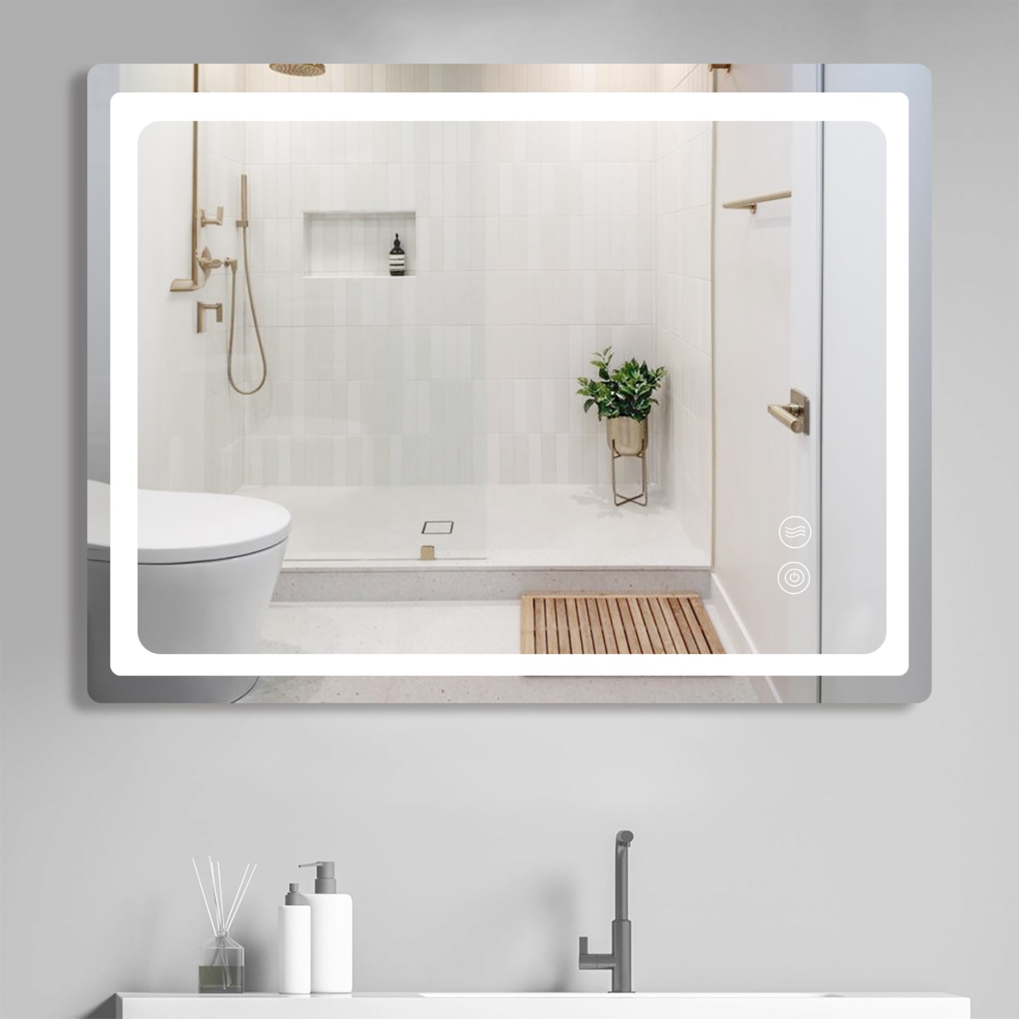24 Inch Rectangular Framed Anti-Fog Wall Mounted LED Bathroom Vanity Mirror in White