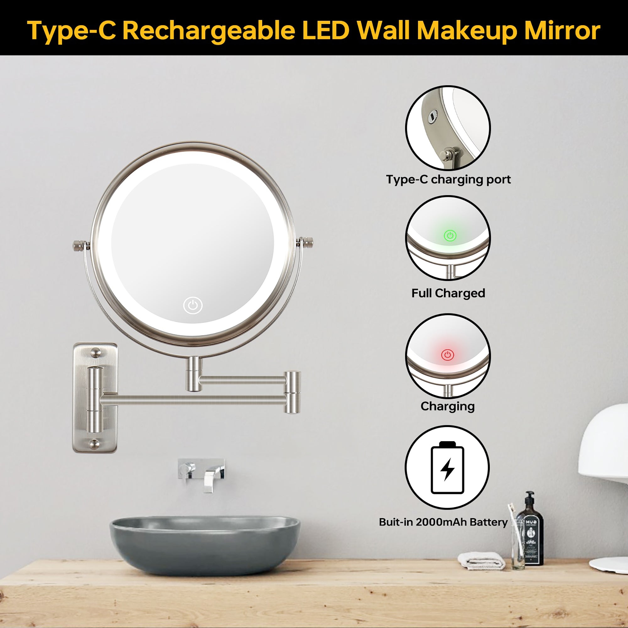 17 inch Double-Sided Wall Mounted 10X LED Magnifying Bathroom Mirror
