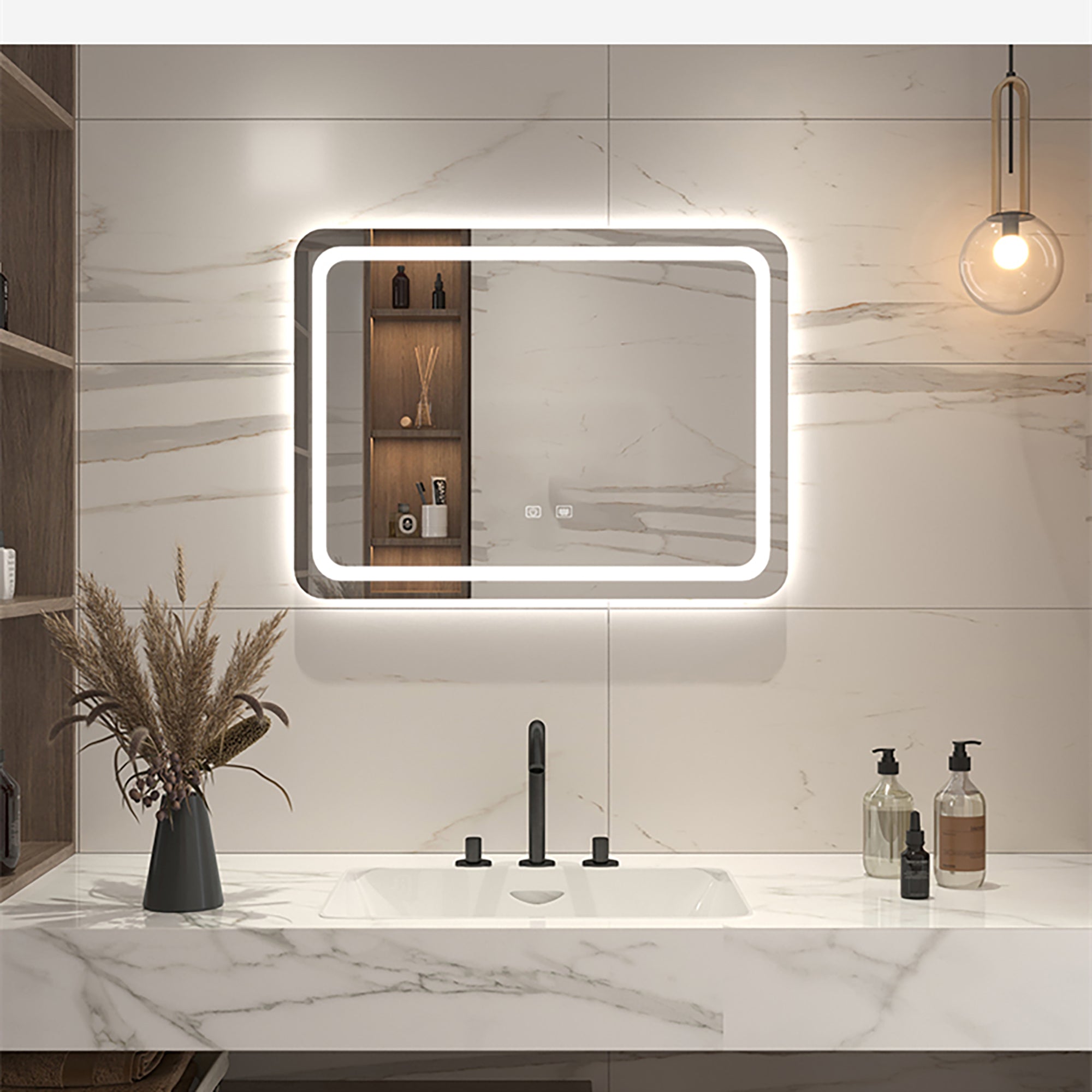 Rectangular Frameless Wall Mounted LED Single Bathroom Vanity Mirror in Natural