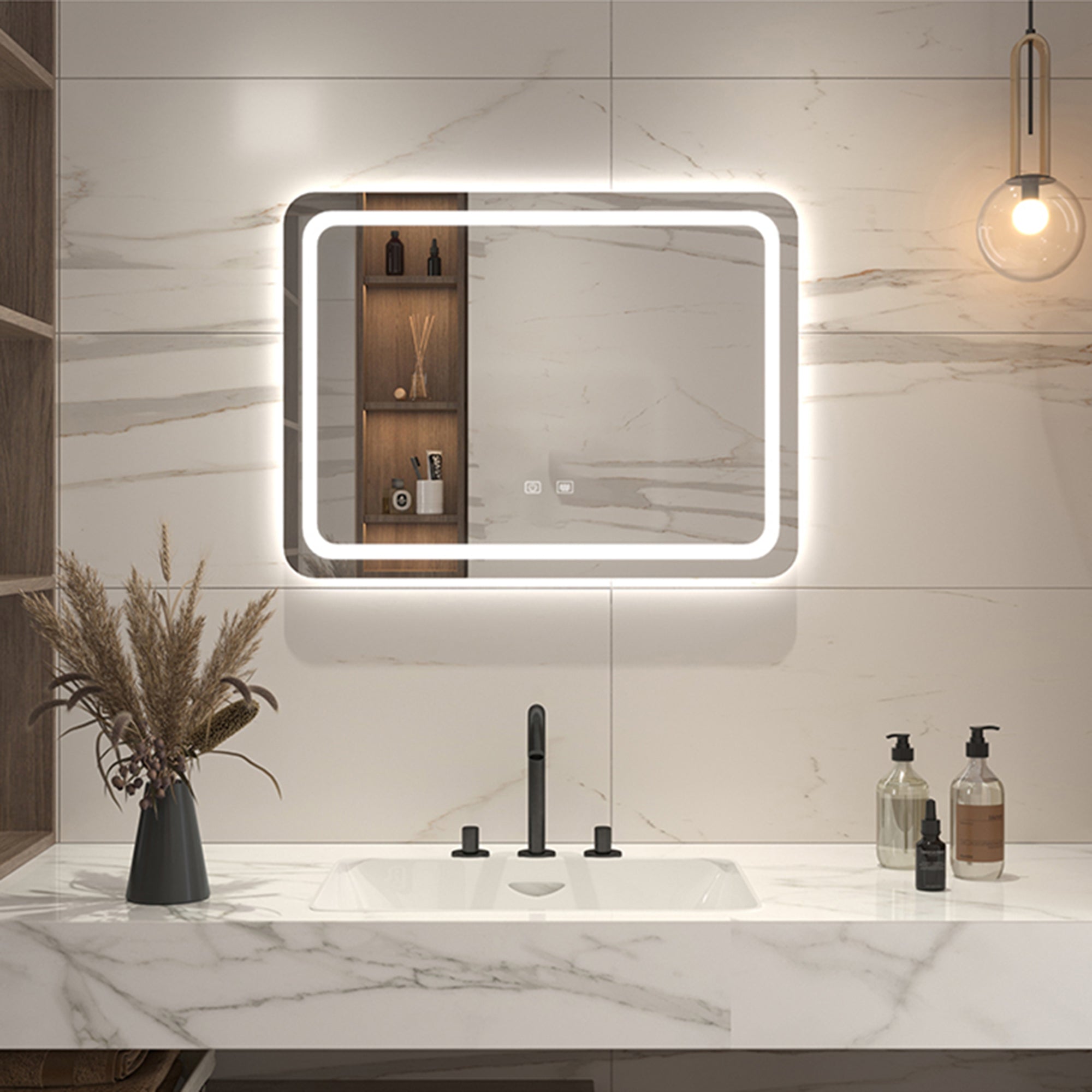 Rectangular Frameless Wall Mounted LED Single Bathroom Vanity Mirror in Natural