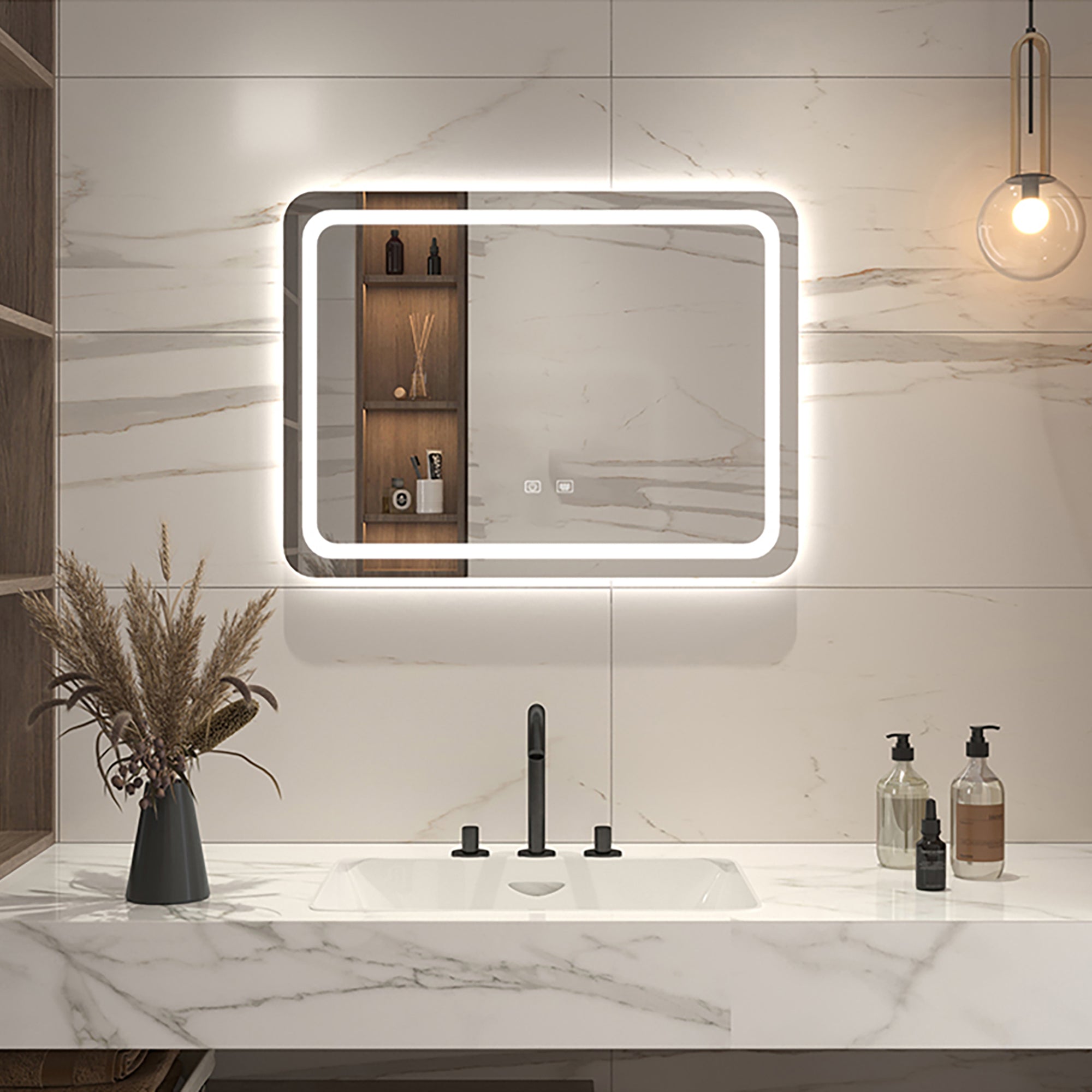 Rectangular Frameless Wall Mounted LED Single Bathroom Vanity Mirror in Natural