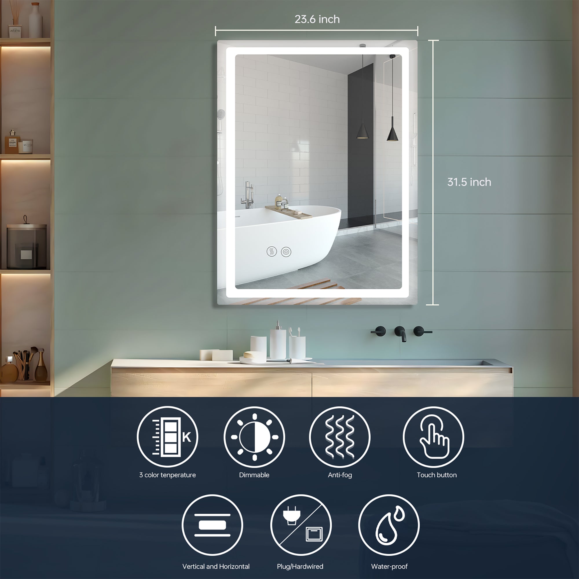 24 Inch Rectangular Framed Anti-Fog Wall Mounted LED Bathroom Vanity Mirror in White