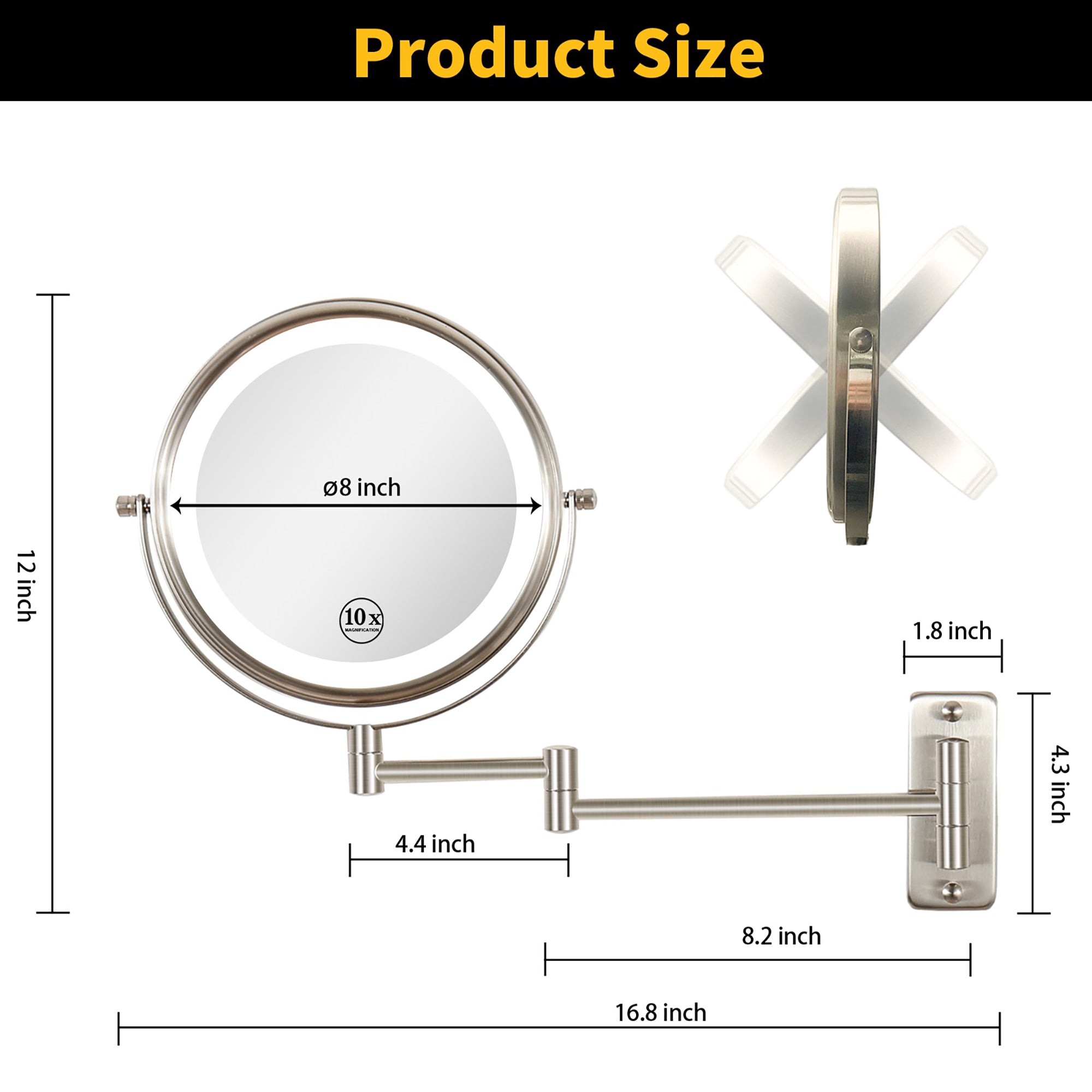 17 inch Double-Sided Wall Mounted 10X LED Magnifying Bathroom Mirror