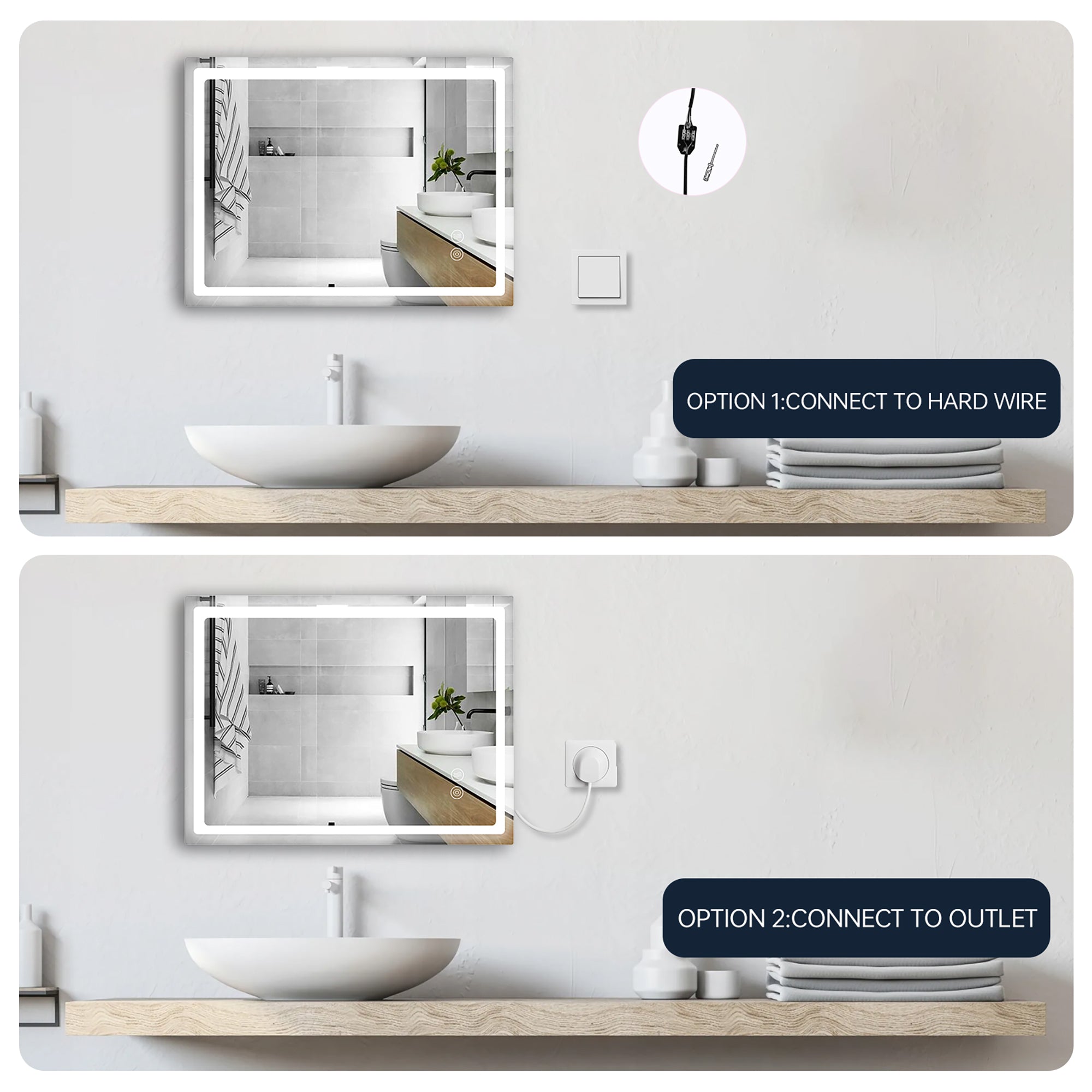 24 Inch Rectangular Framed Anti-Fog Wall Mounted LED Bathroom Vanity Mirror in White