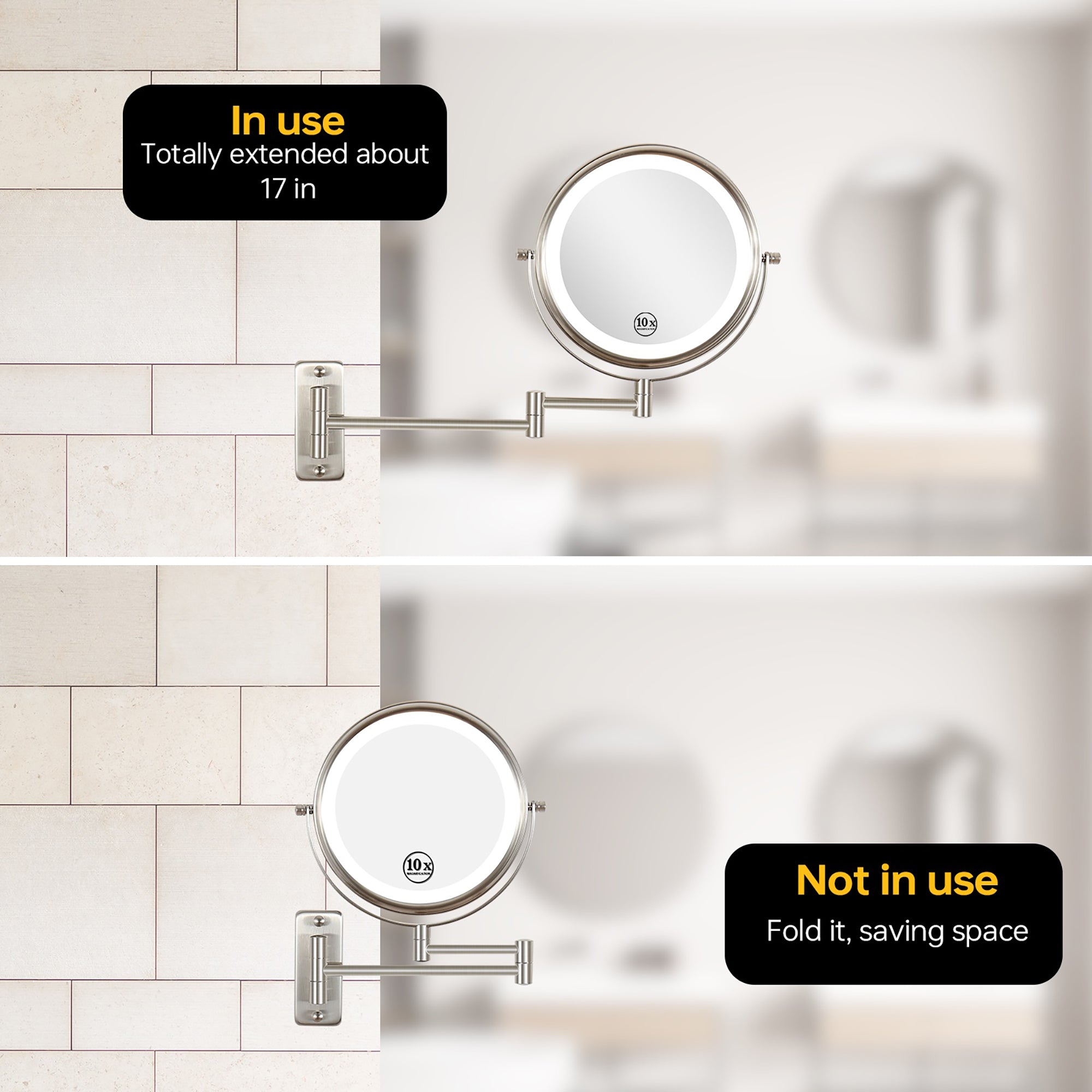 17 inch Double-Sided Wall Mounted 10X LED Magnifying Bathroom Mirror