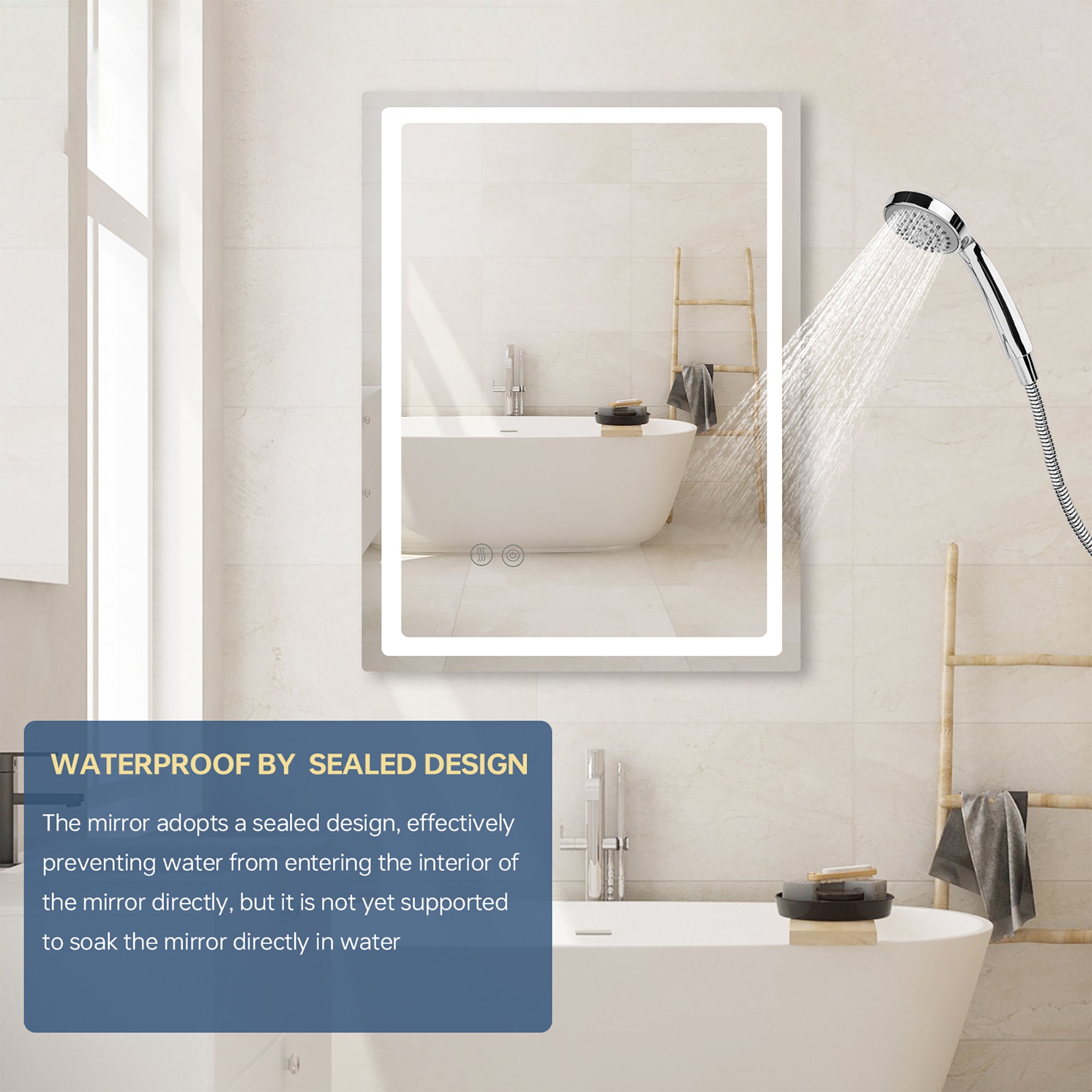24 Inch Rectangular Framed Anti-Fog Wall Mounted LED Bathroom Vanity Mirror in White