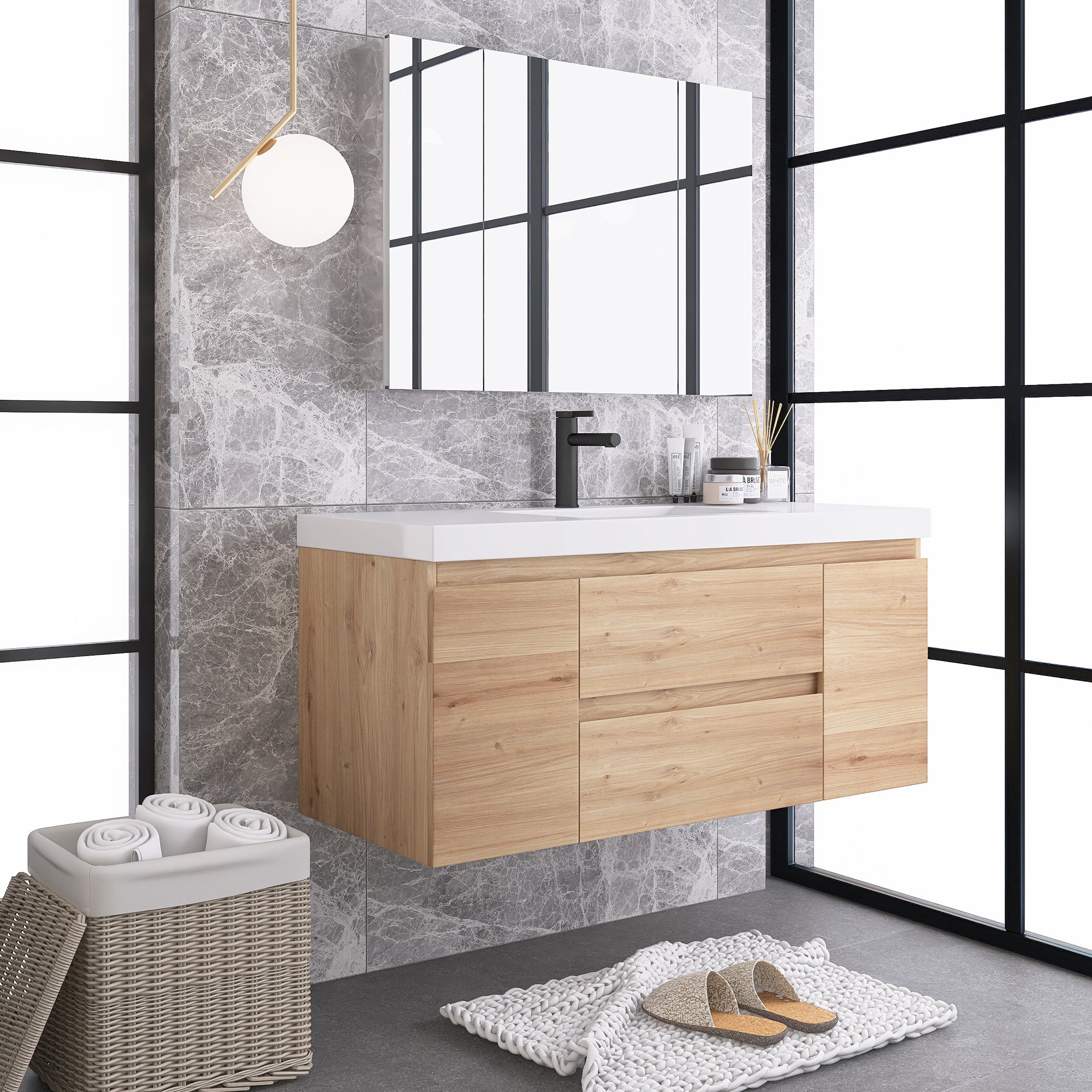 Wall-Mounted 2-drawer Bathroom Vanity Set with Integrated Resin Sink