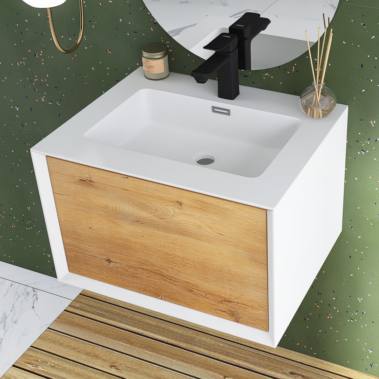 24 in./30 in./36 in. Wall-Mounted 1-drawer Bathroom Vanity Set in White and Oak with Integrated Solid Surface Sink