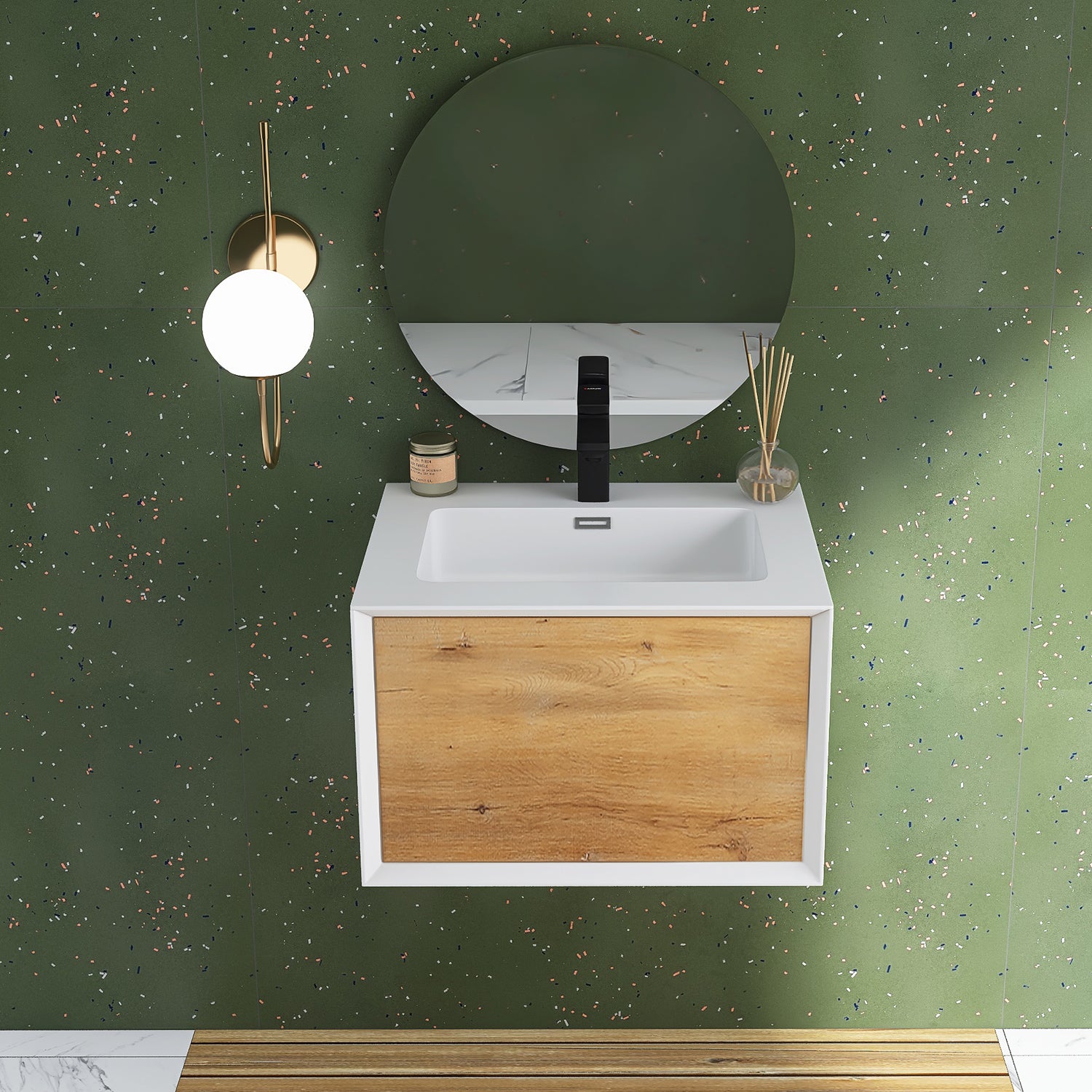 24 in./30 in./36 in. Wall-Mounted 1-drawer Bathroom Vanity Set in White and Oak with Integrated Solid Surface Sink