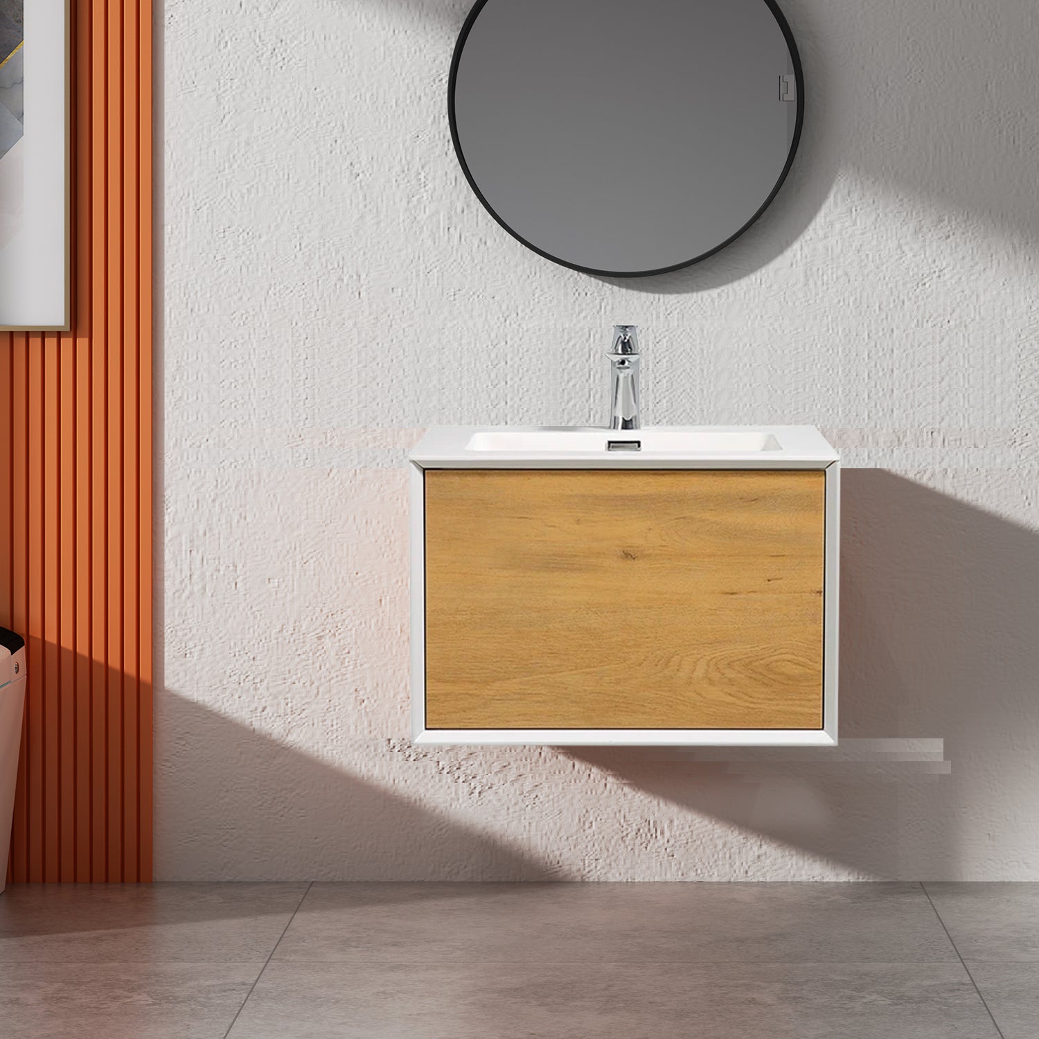 24 in./30 in./36 in. Wall-Mounted 1-drawer Bathroom Vanity Set in White and Oak with Integrated Solid Surface Sink