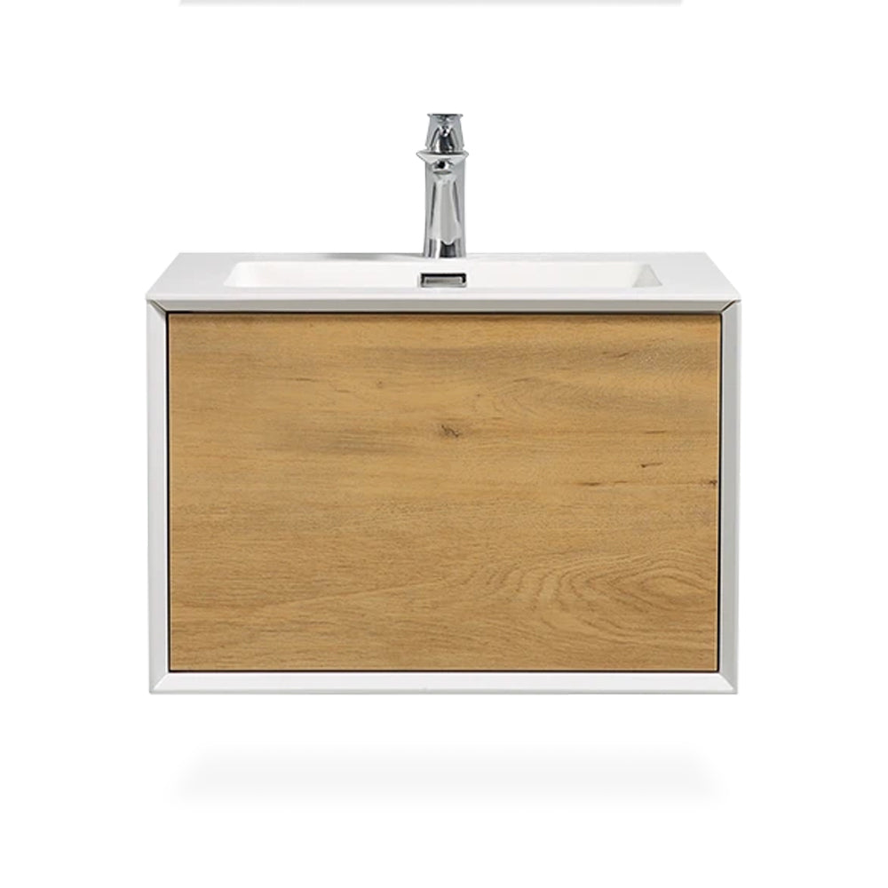 24 in./30 in./36 in. Wall-Mounted 1-drawer Bathroom Vanity Set in White and Oak with Integrated Solid Surface Sink
