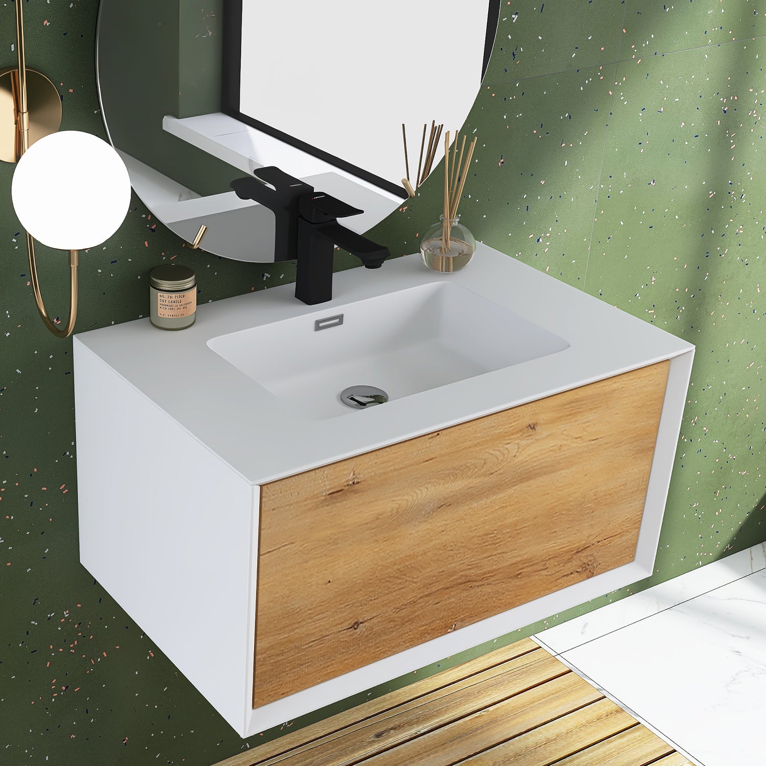 24 in./30 in./36 in. Wall-Mounted 1-drawer Bathroom Vanity Set in White and Oak with Integrated Solid Surface Sink
