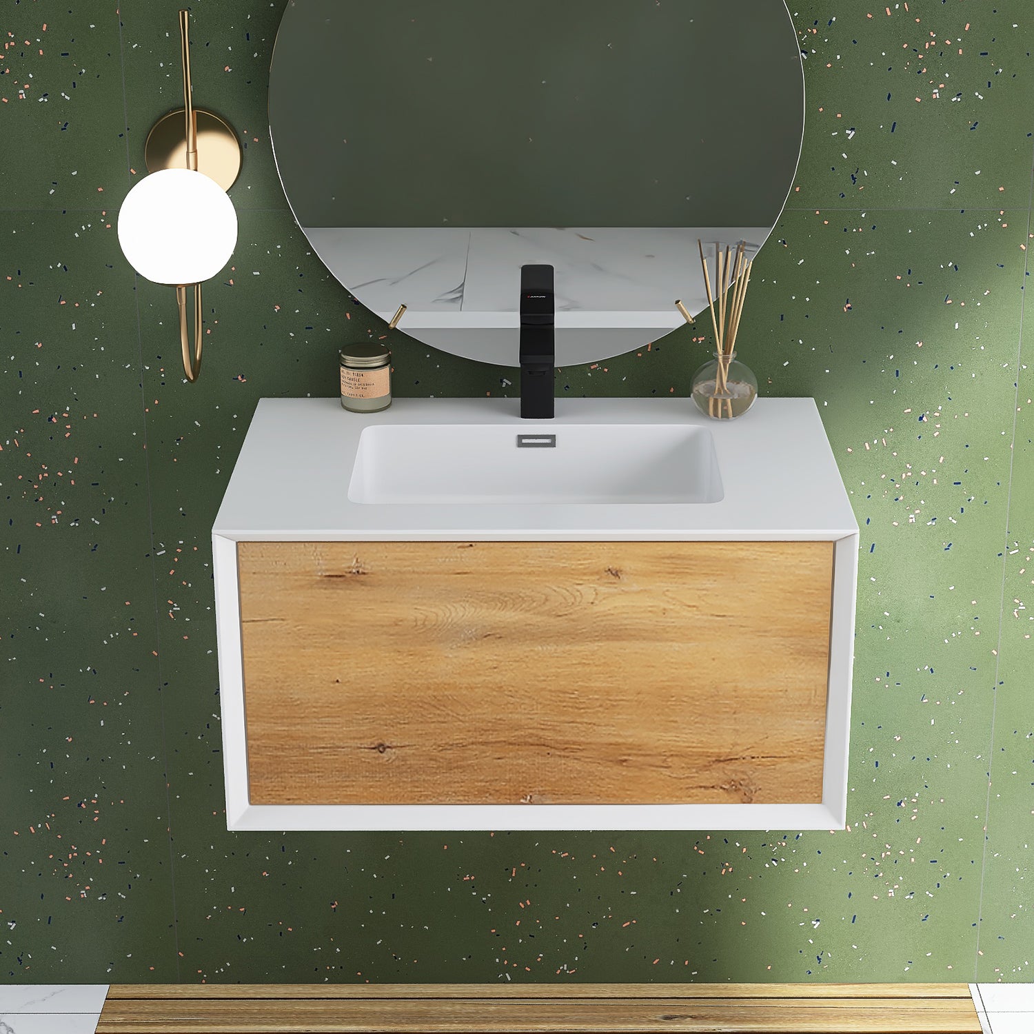 24 in./30 in./36 in. Wall-Mounted 1-drawer Bathroom Vanity Set in White and Oak with Integrated Solid Surface Sink