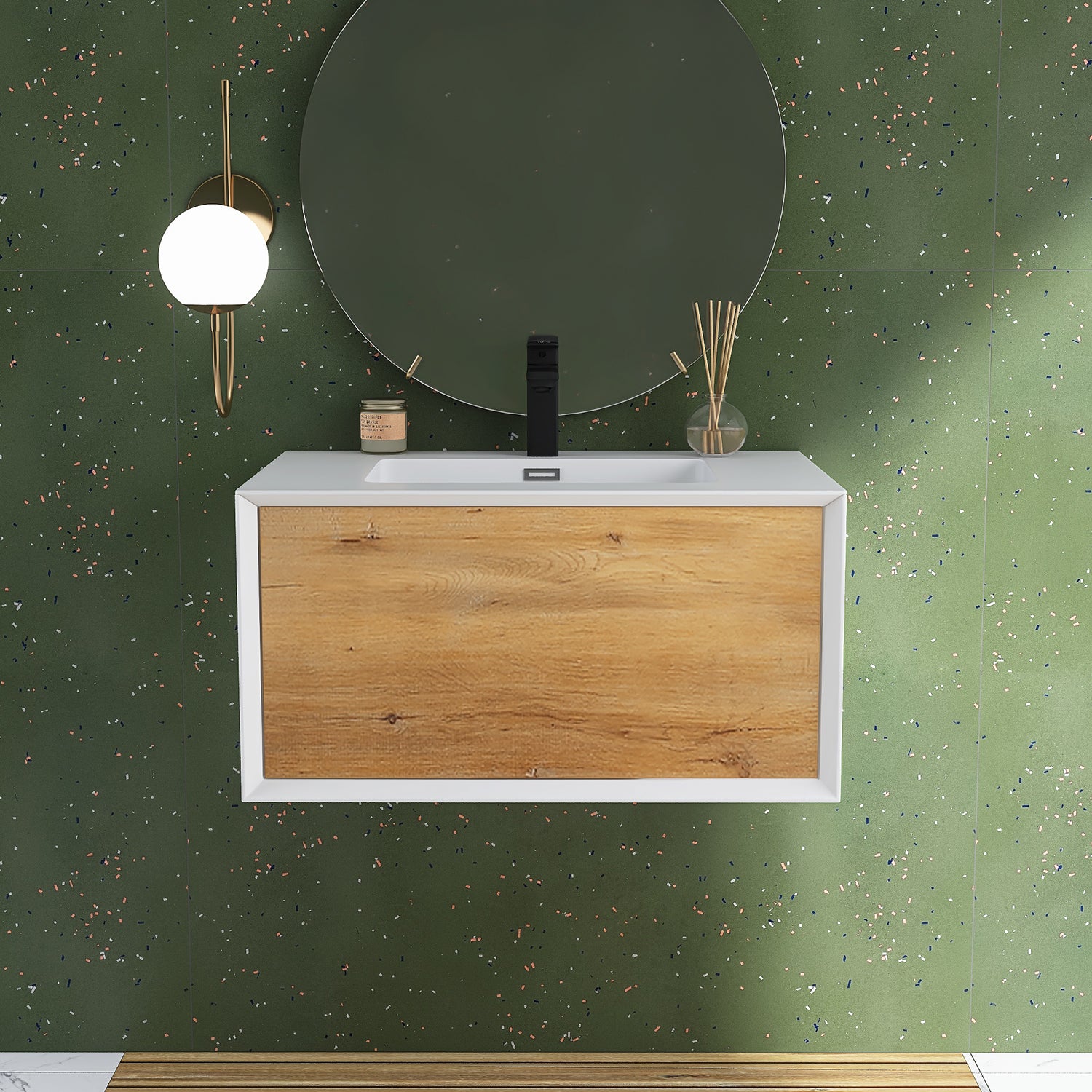 24 in./30 in./36 in. Wall-Mounted 1-drawer Bathroom Vanity Set in White and Oak with Integrated Solid Surface Sink