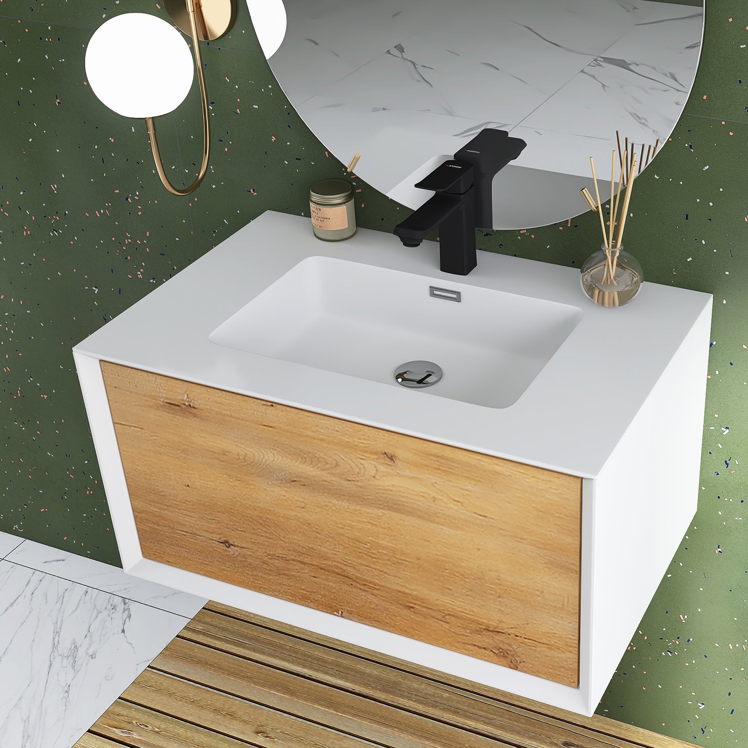 24 in./30 in./36 in. Wall-Mounted 1-drawer Bathroom Vanity Set in White and Oak with Integrated Solid Surface Sink