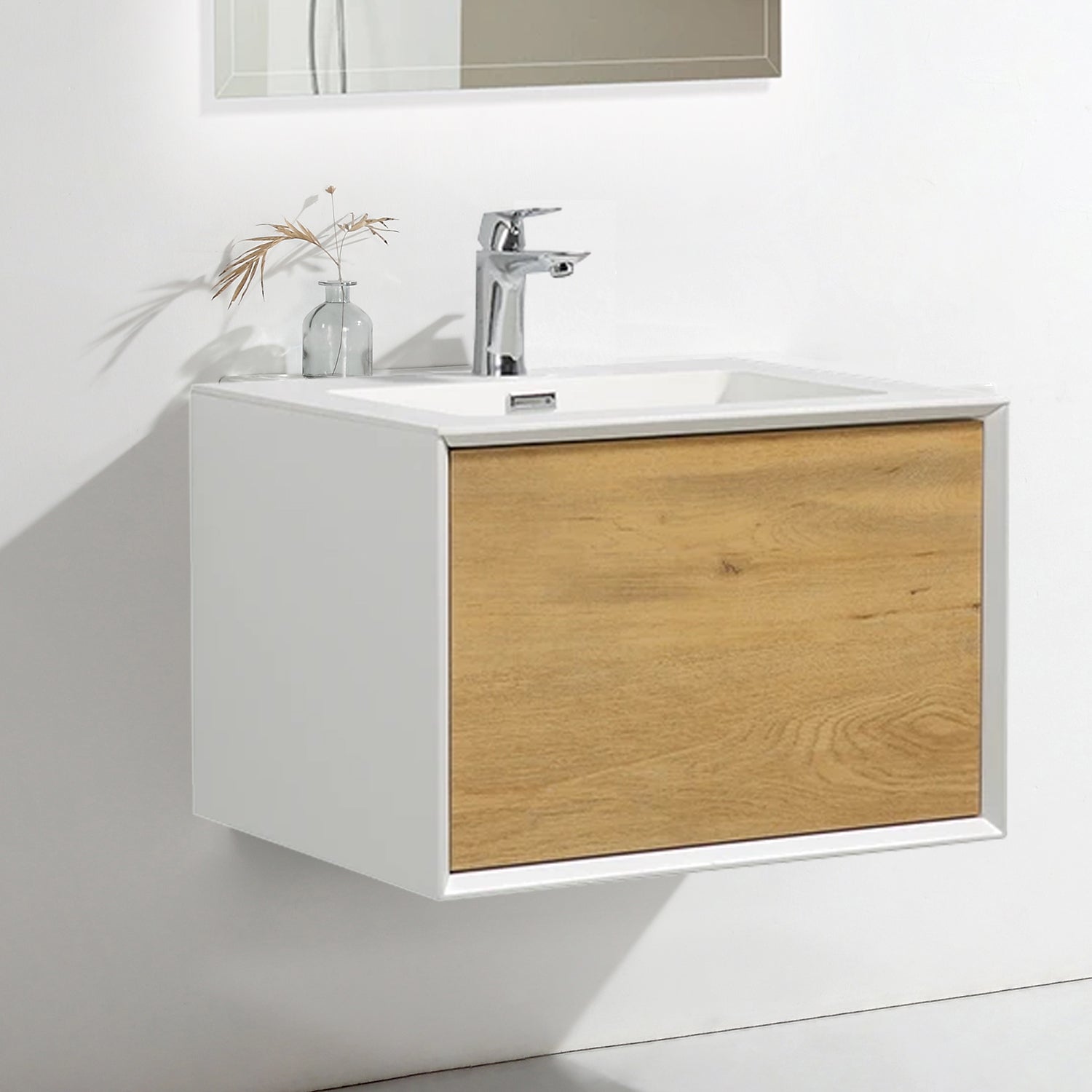 24 in./30 in./36 in. Wall-Mounted 1-drawer Bathroom Vanity Set in White and Oak with Integrated Solid Surface Sink