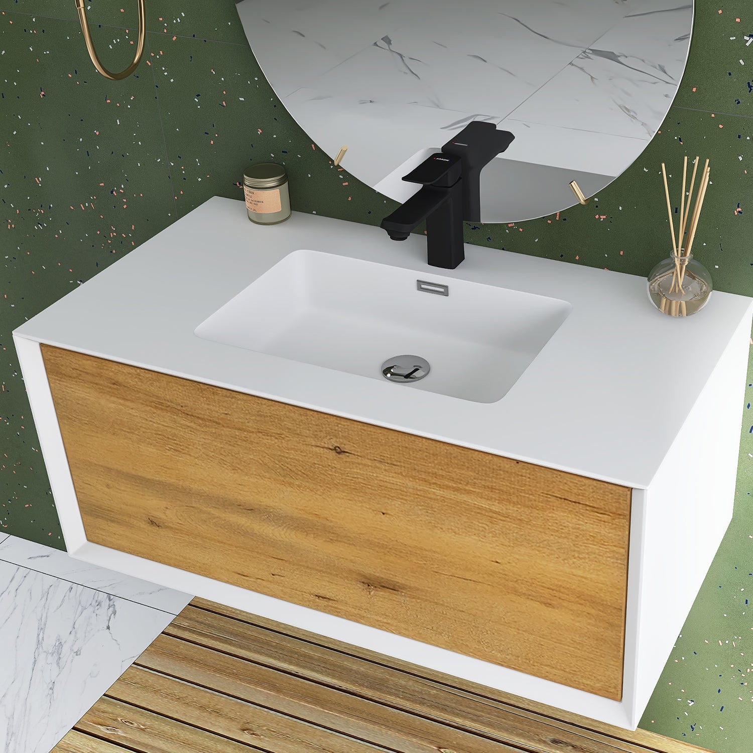 24 in./30 in./36 in. Wall-Mounted 1-drawer Bathroom Vanity Set in White and Oak with Integrated Solid Surface Sink