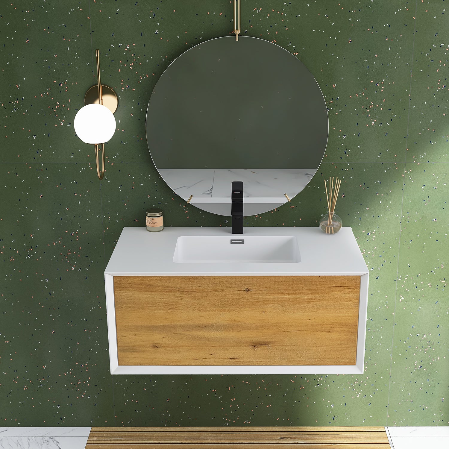 24 in./30 in./36 in. Wall-Mounted 1-drawer Bathroom Vanity Set in White and Oak with Integrated Solid Surface Sink