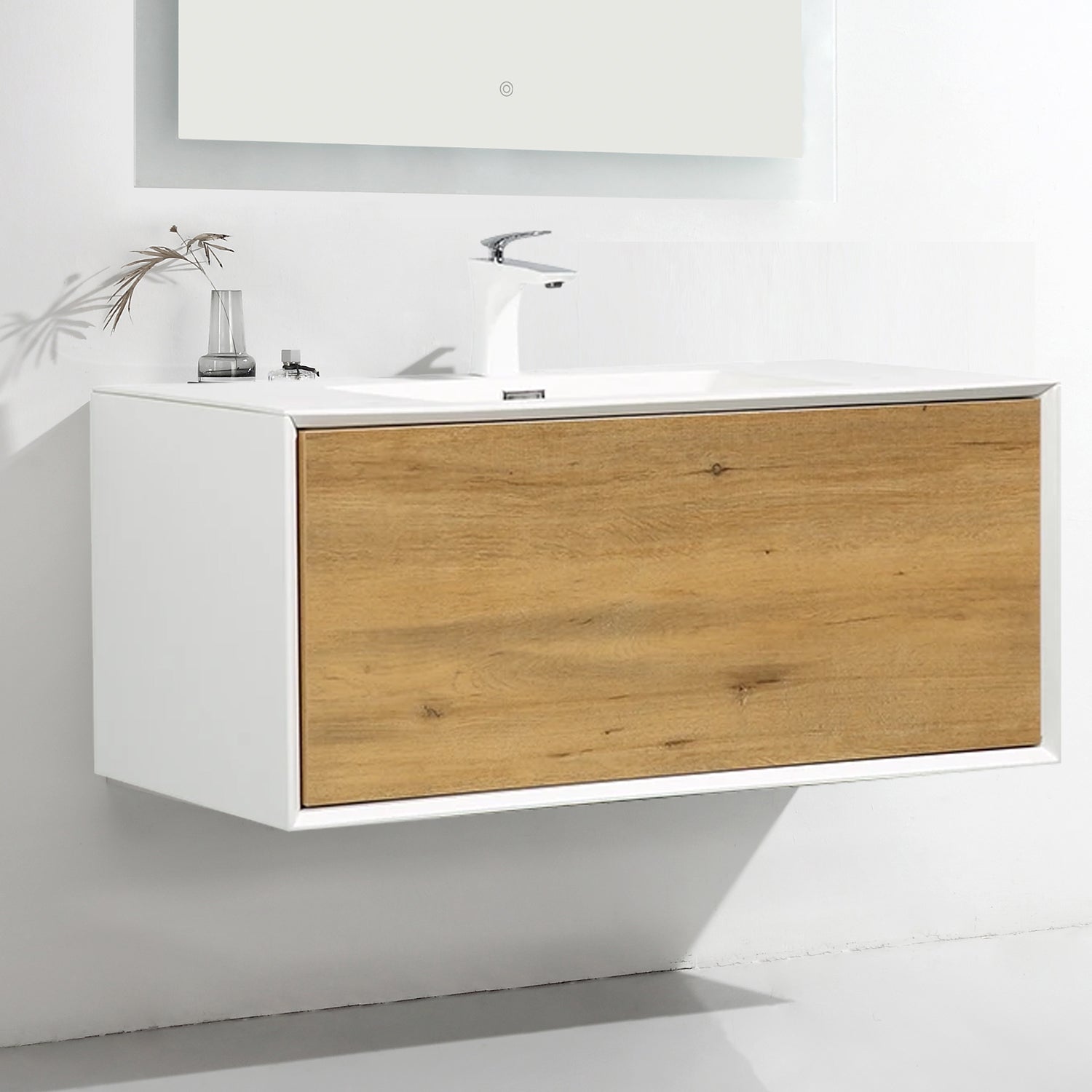 24 in./30 in./36 in. Wall-Mounted 1-drawer Bathroom Vanity Set in White and Oak with Integrated Solid Surface Sink