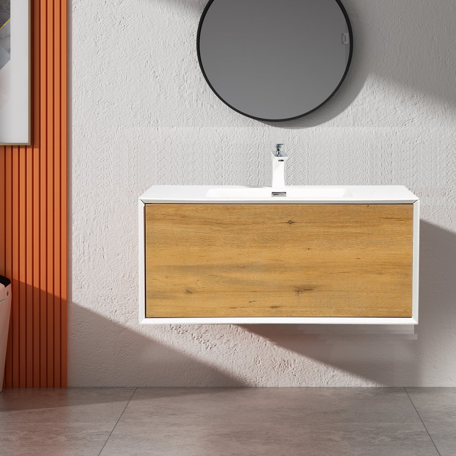 24 in./30 in./36 in. Wall-Mounted 1-drawer Bathroom Vanity Set in White and Oak with Integrated Solid Surface Sink