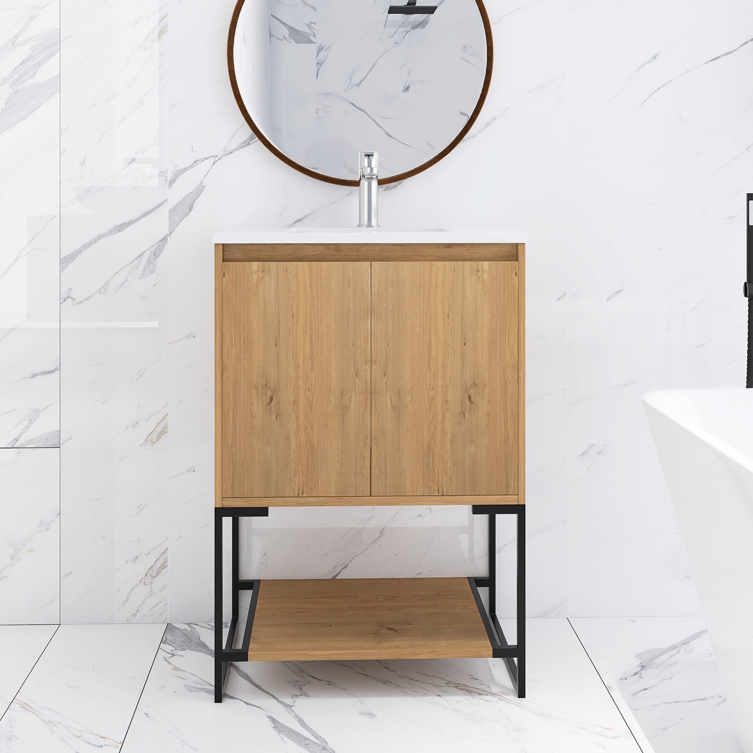 24 in.OAK-W Freestanding Bathroom Vanity Set with Integrated Sink