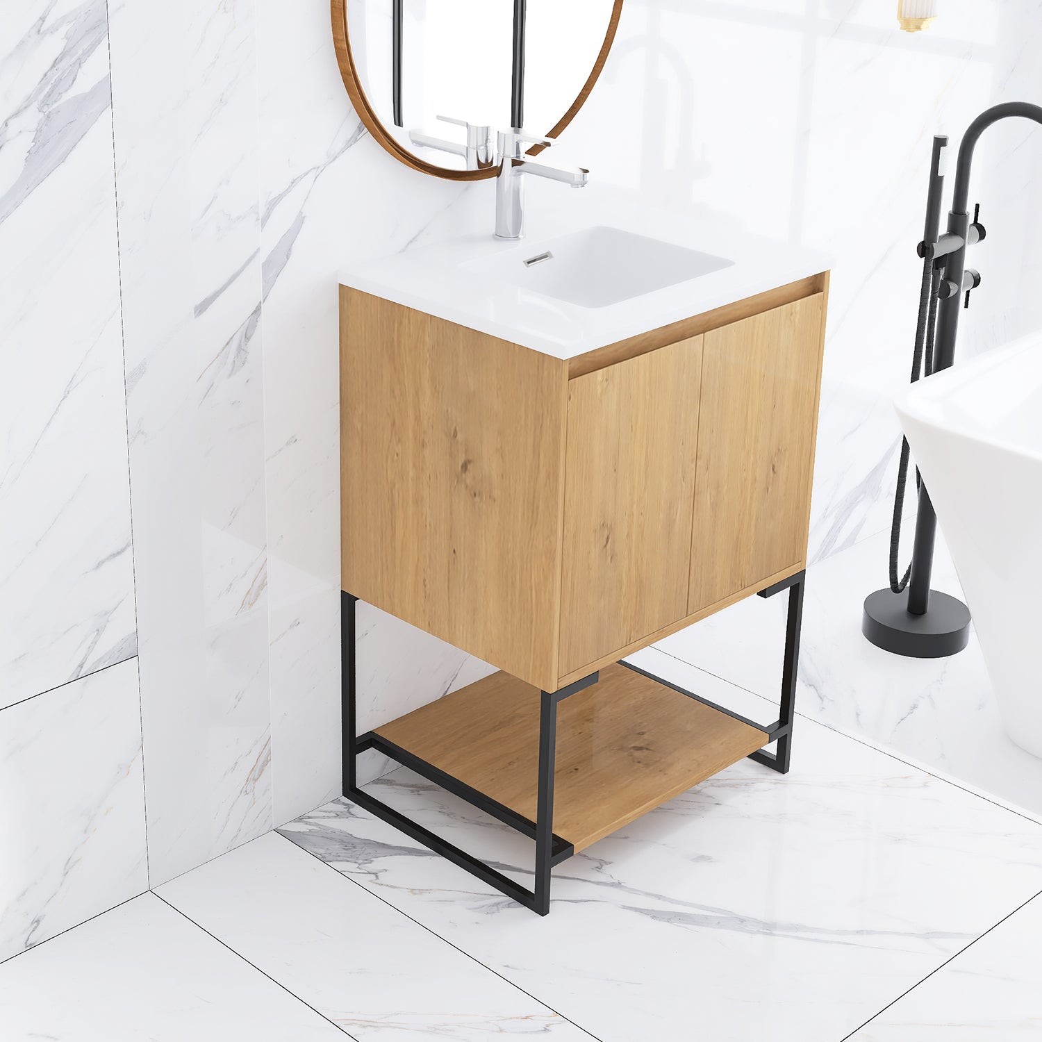 24 in.OAK-W Freestanding Bathroom Vanity Set with Integrated Sink