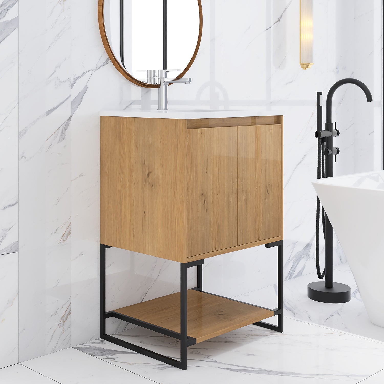 24 in.OAK-W Freestanding Bathroom Vanity Set with Integrated Sink