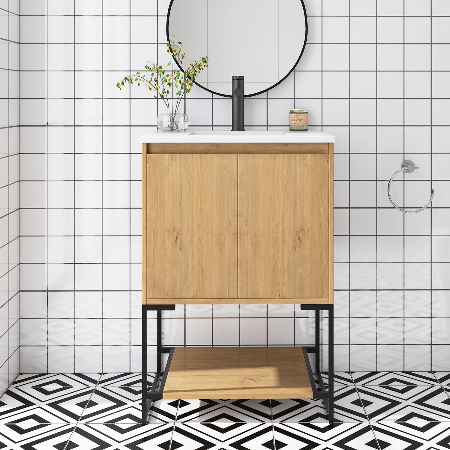 24 in.OAK-W Freestanding Bathroom Vanity Set with Integrated Sink