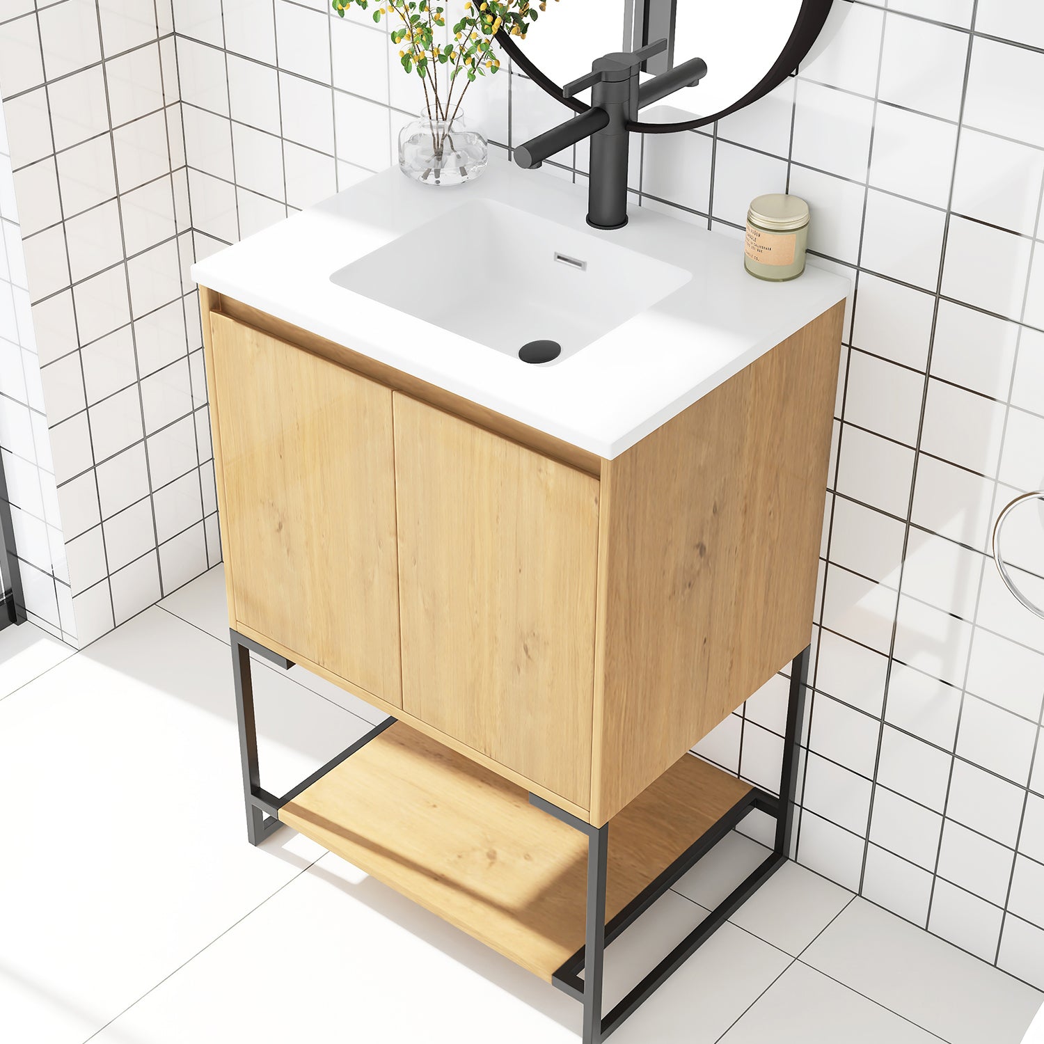 24 in.OAK-W Freestanding Bathroom Vanity Set with Integrated Sink