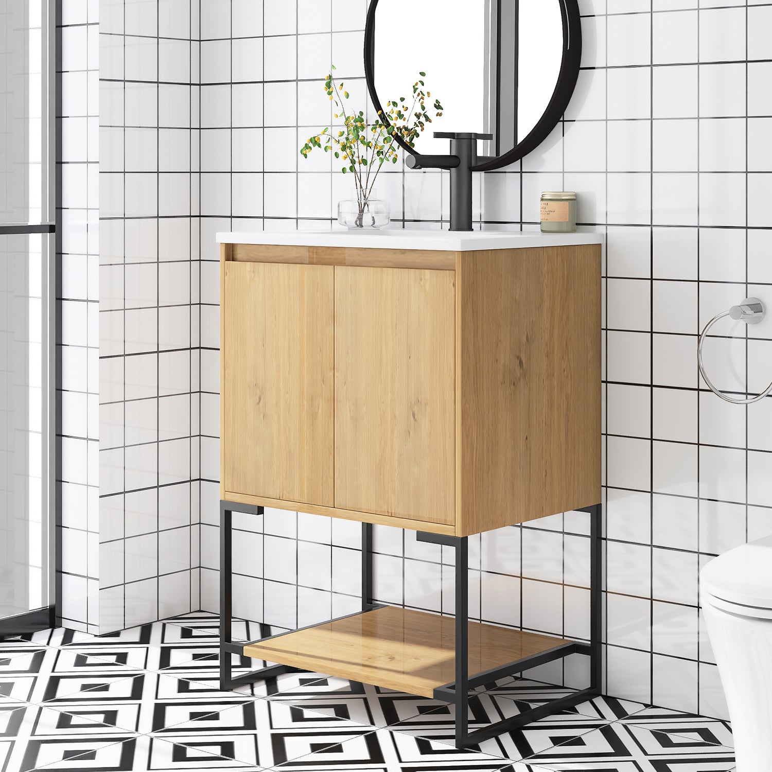 24 in.OAK-W Freestanding Bathroom Vanity Set with Integrated Sink