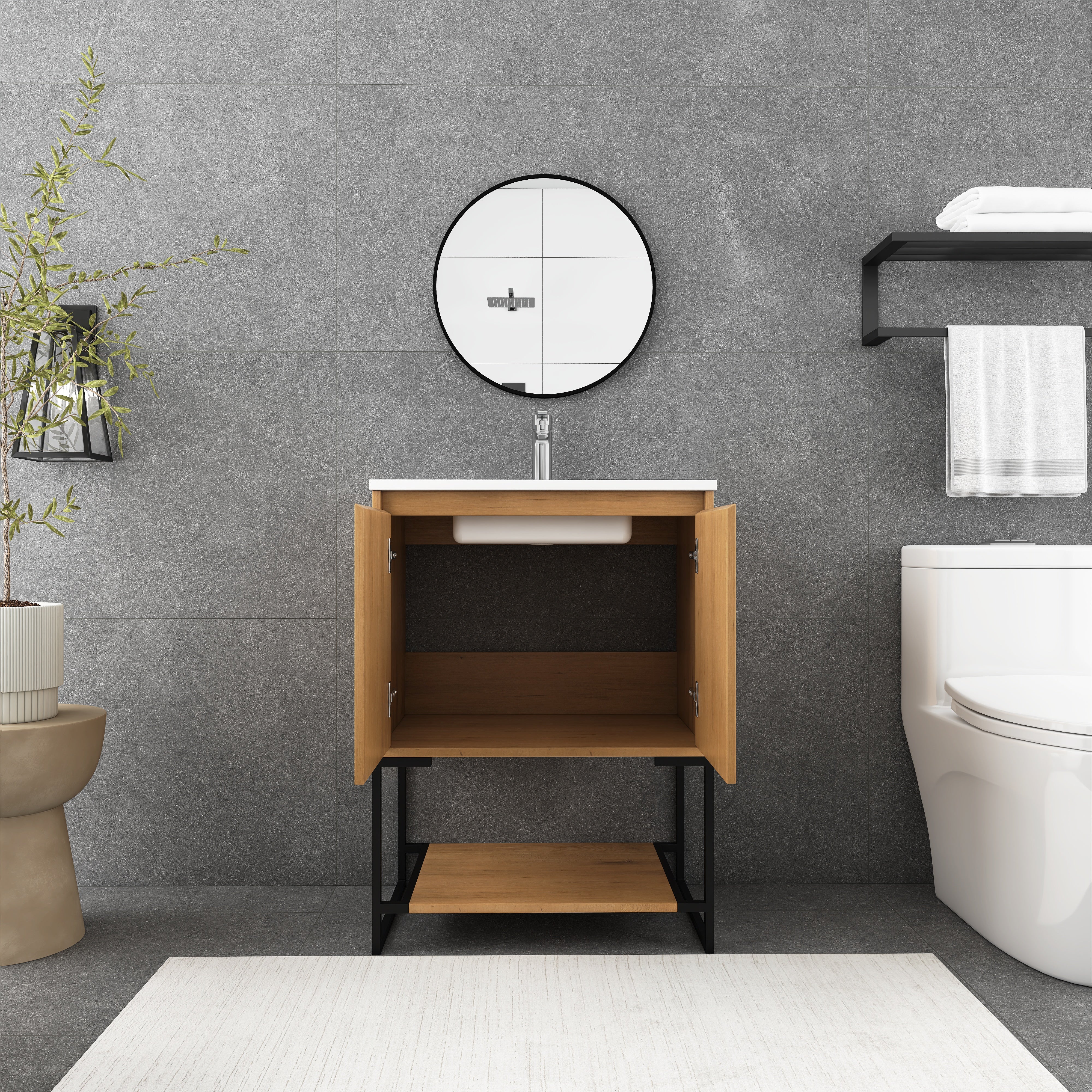 24 in.OAK-W Freestanding Bathroom Vanity Set with Integrated Sink