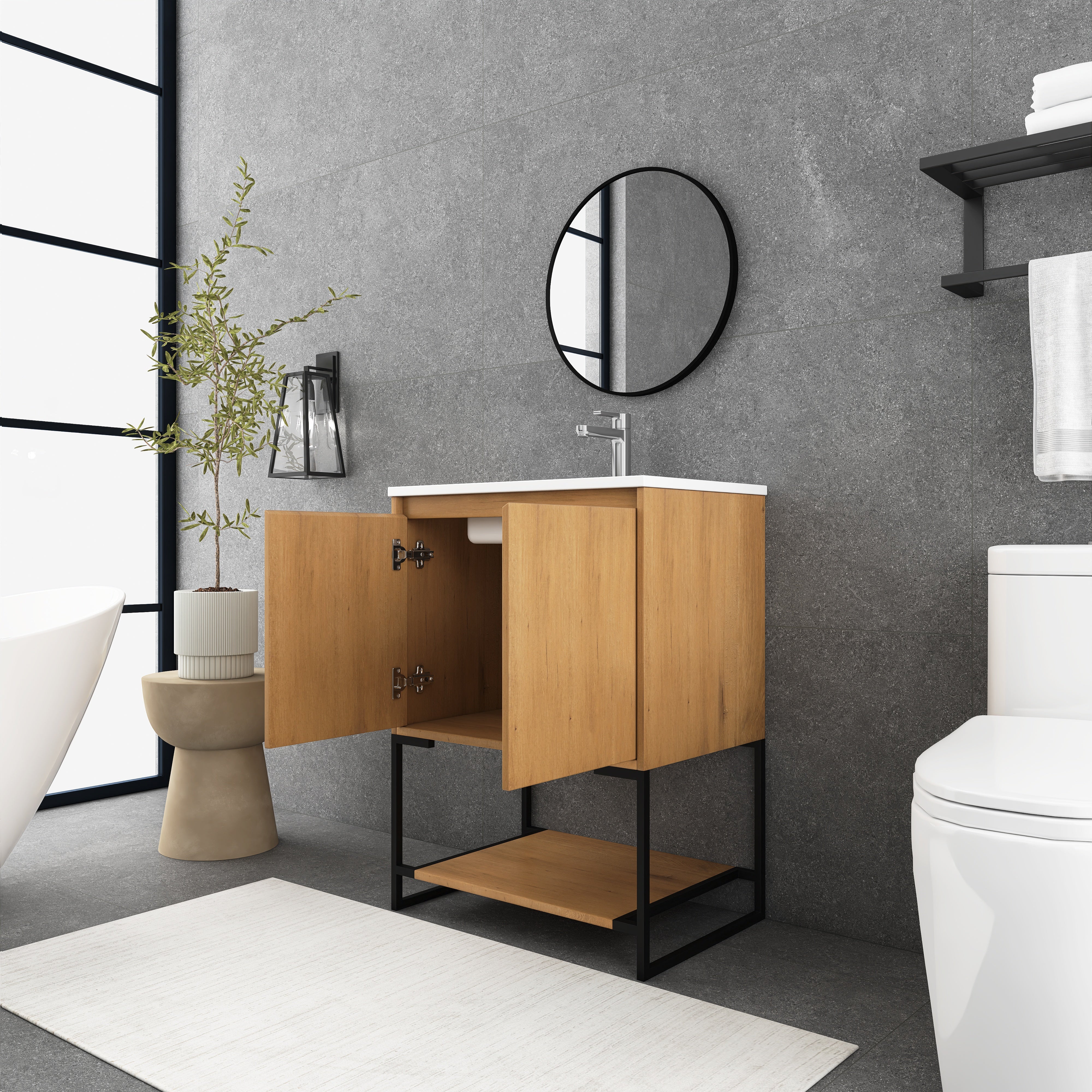 24 in.OAK-W Freestanding Bathroom Vanity Set with Integrated Sink