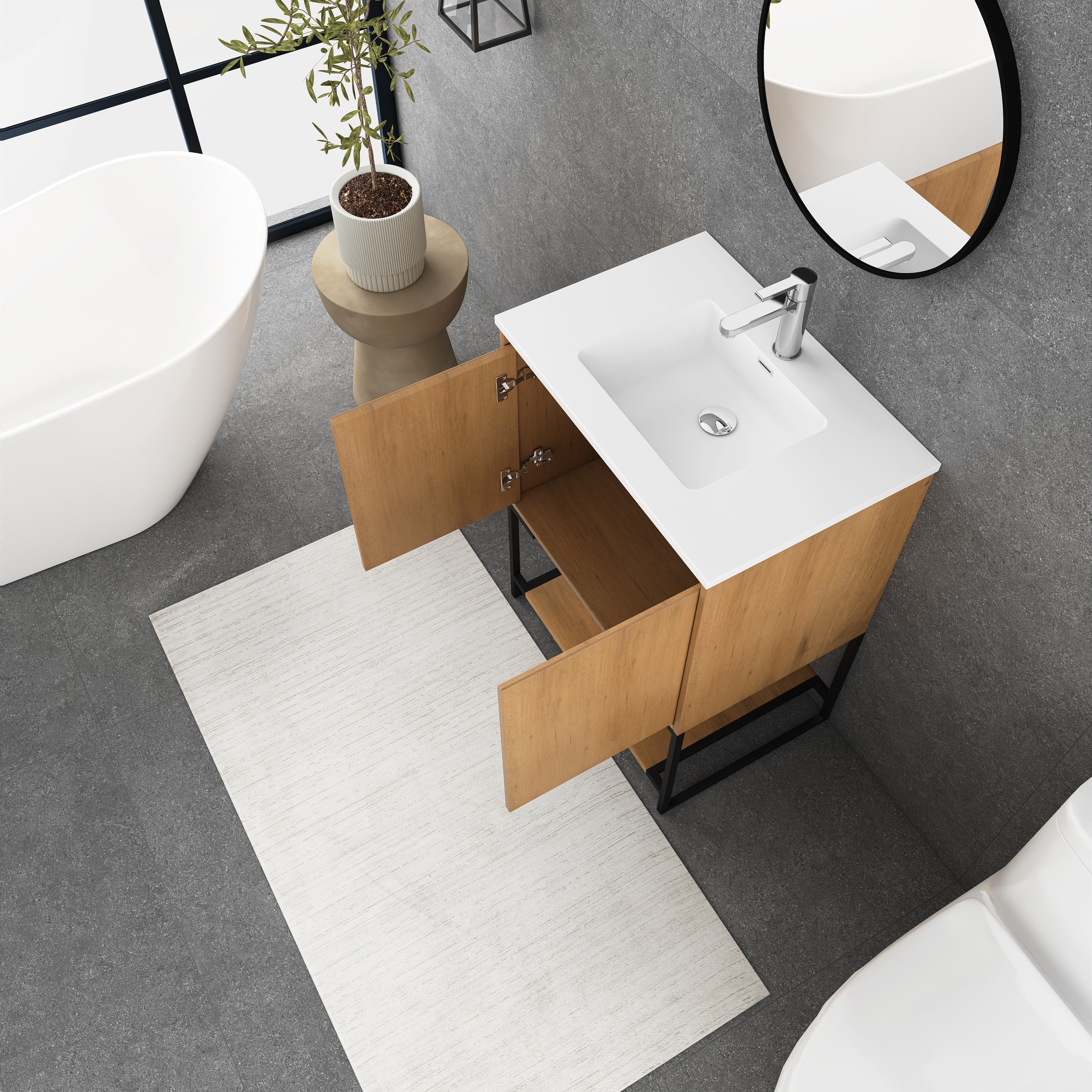 24 in.OAK-W Freestanding Bathroom Vanity Set with Integrated Sink