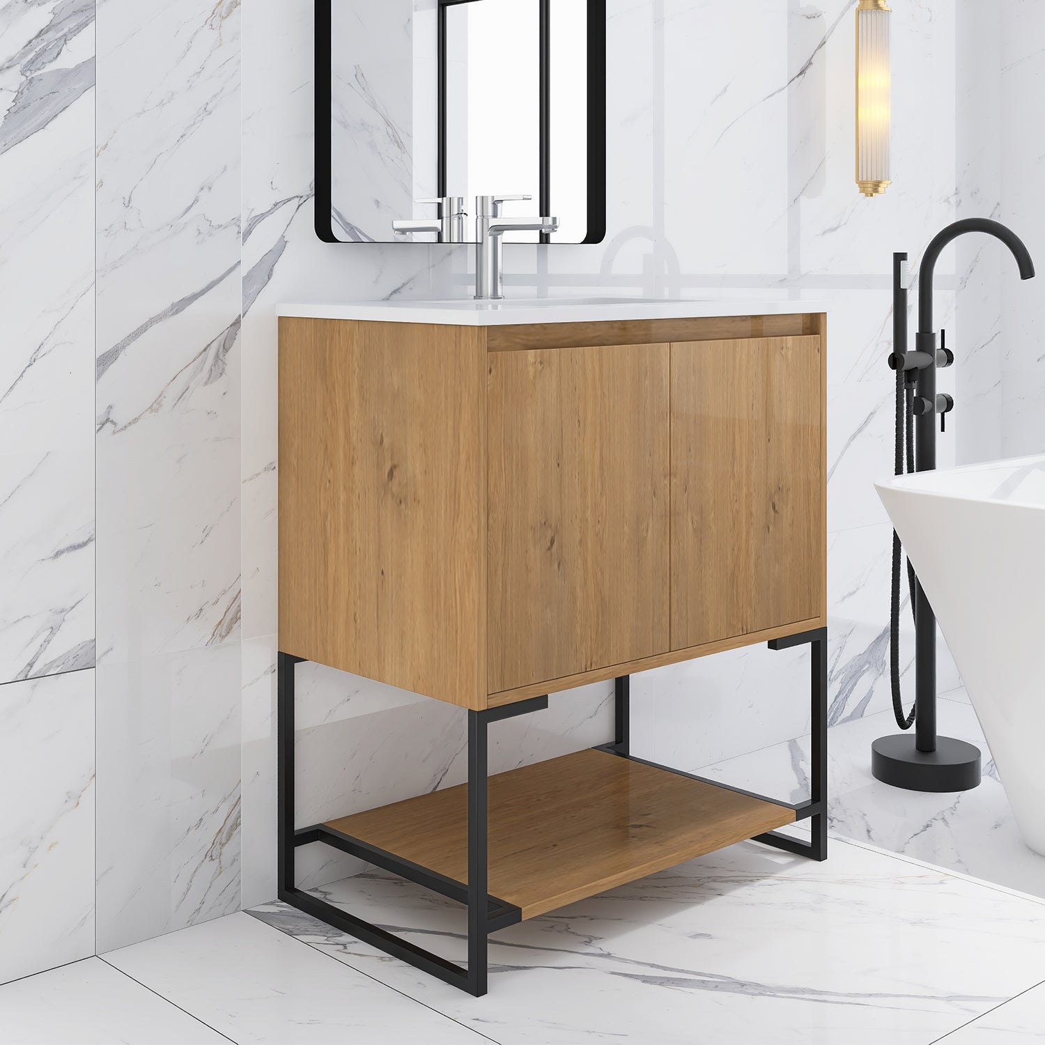 30 in. OAK-W Freestanding Bathroom Vanity Set with Integrated Sink