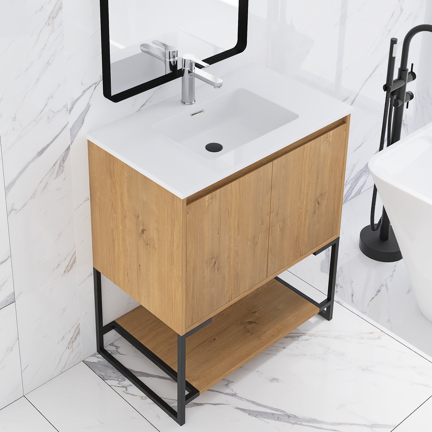 30 in. OAK-W Freestanding Bathroom Vanity Set with Integrated Sink