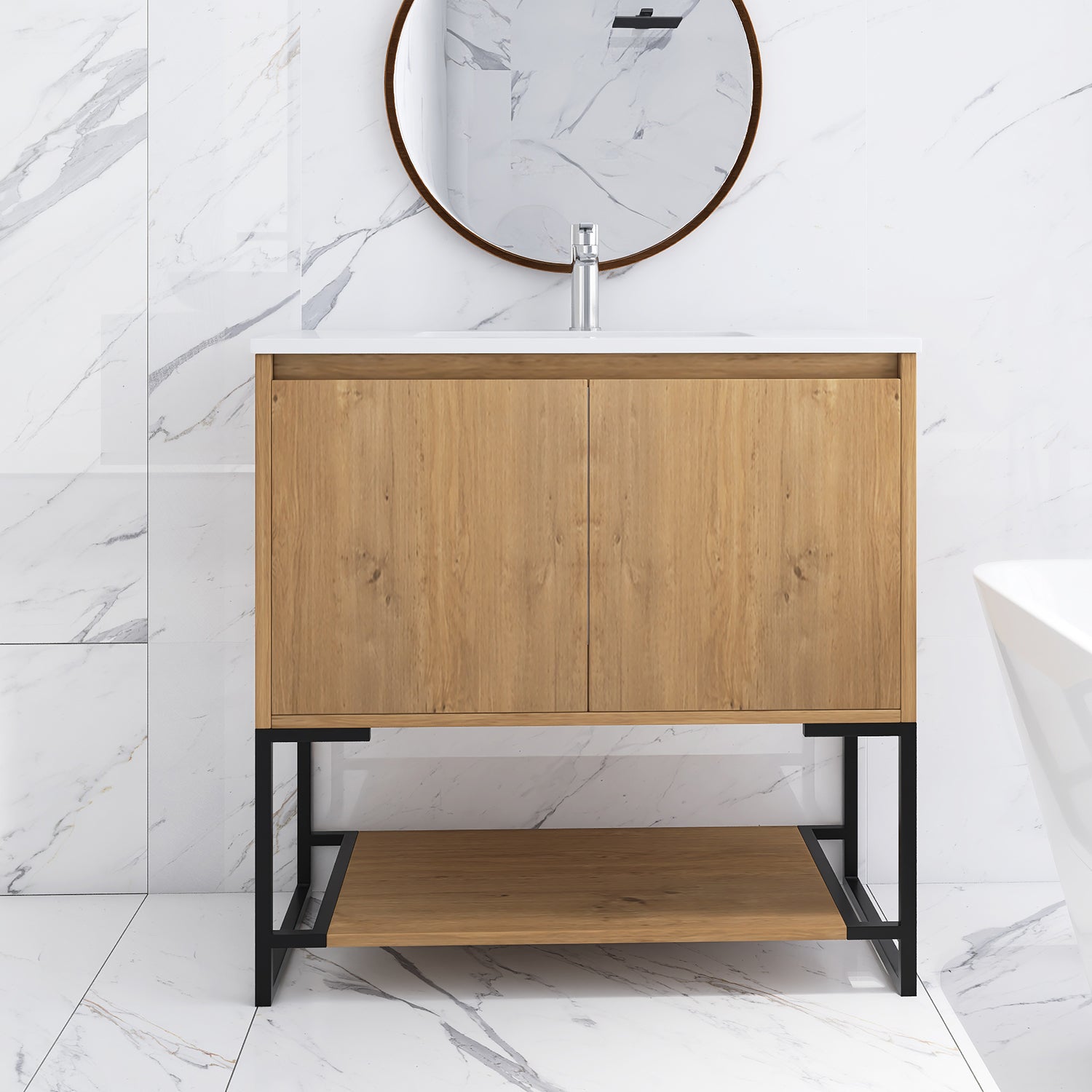 36 in. OAK-W Freestanding Bathroom Vanity Set with Integrated Sink