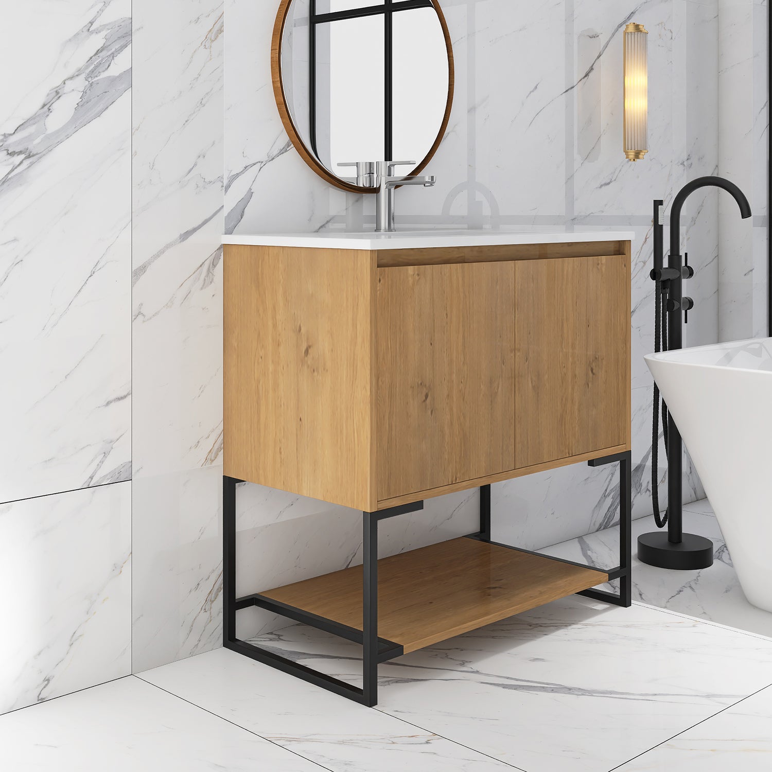 36 in. OAK-W Freestanding Bathroom Vanity Set with Integrated Sink