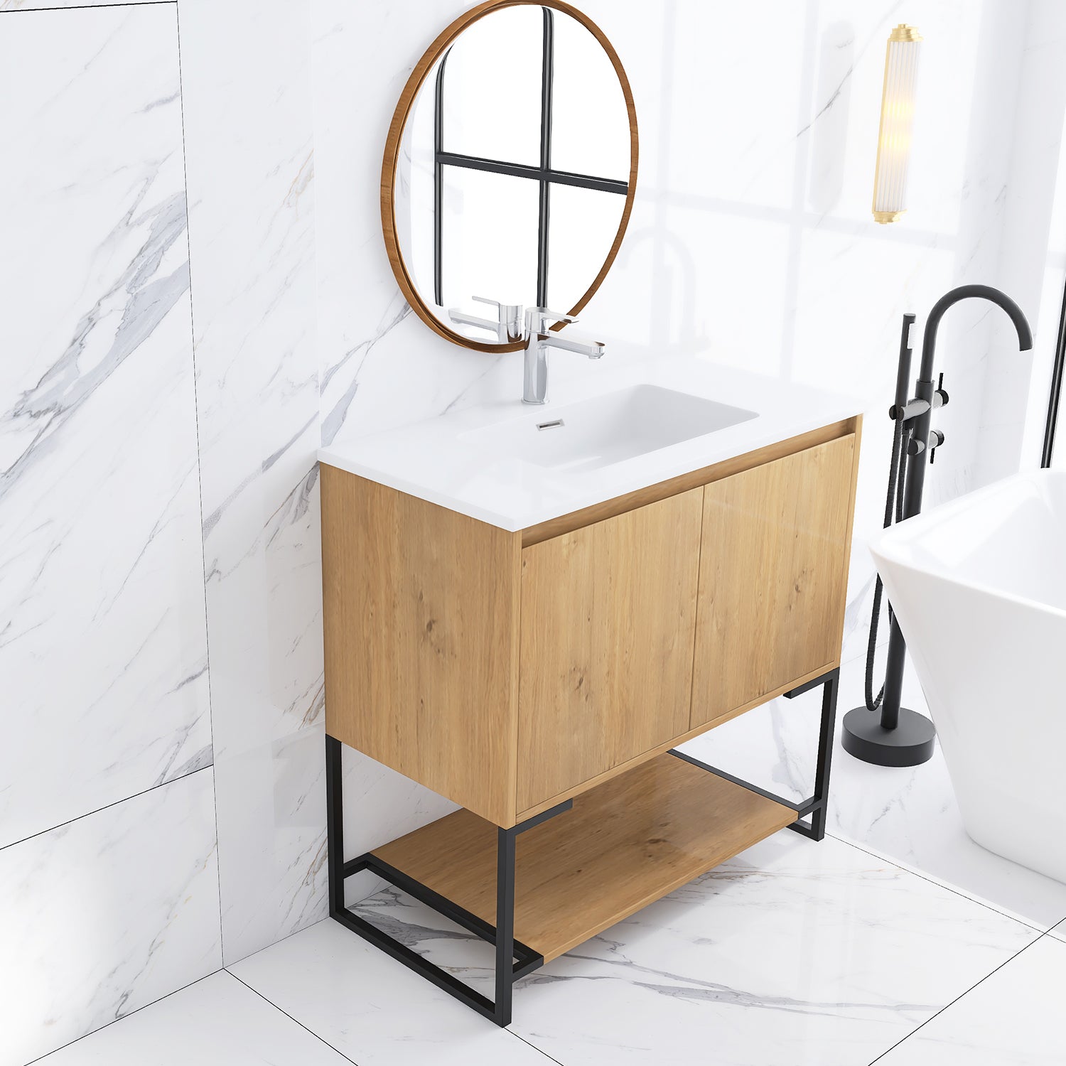 36 in. OAK-W Freestanding Bathroom Vanity Set with Integrated Sink