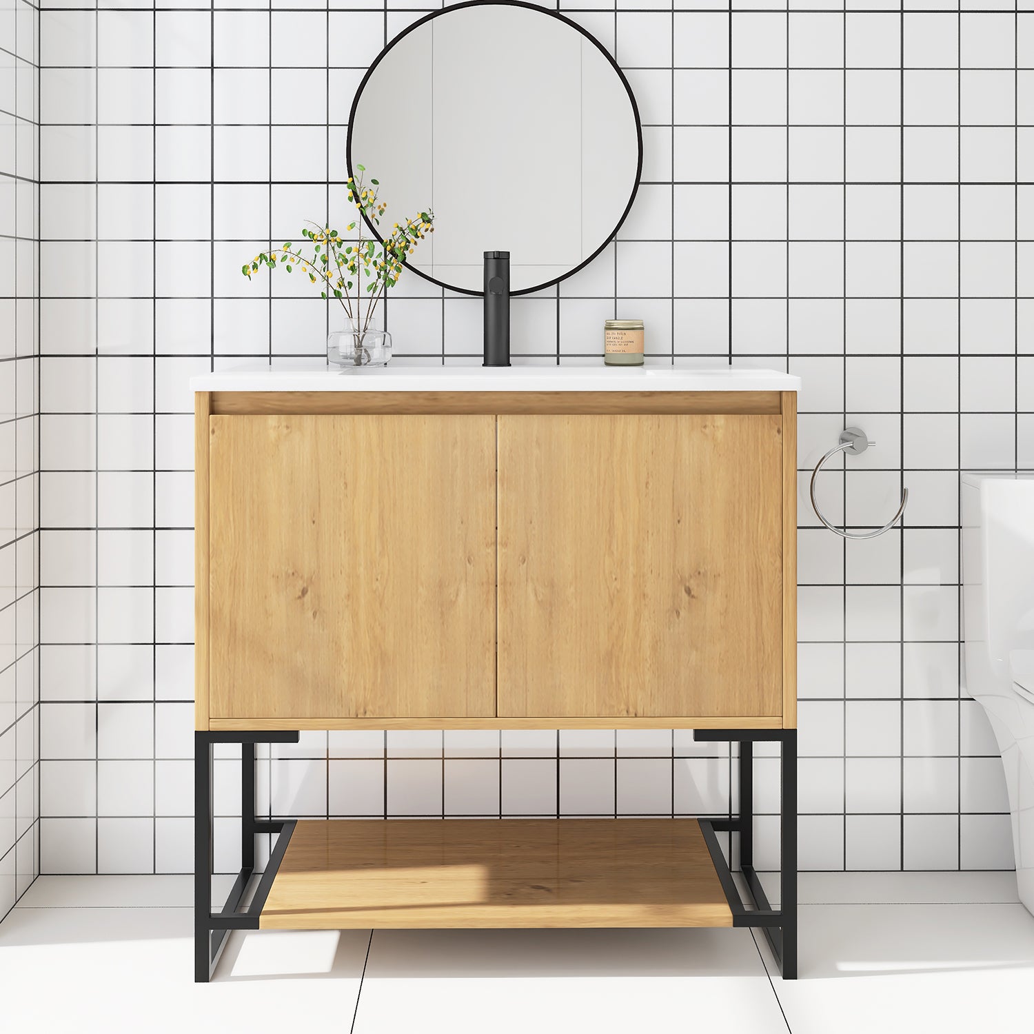 36 in. OAK-W Freestanding Bathroom Vanity Set with Integrated Sink