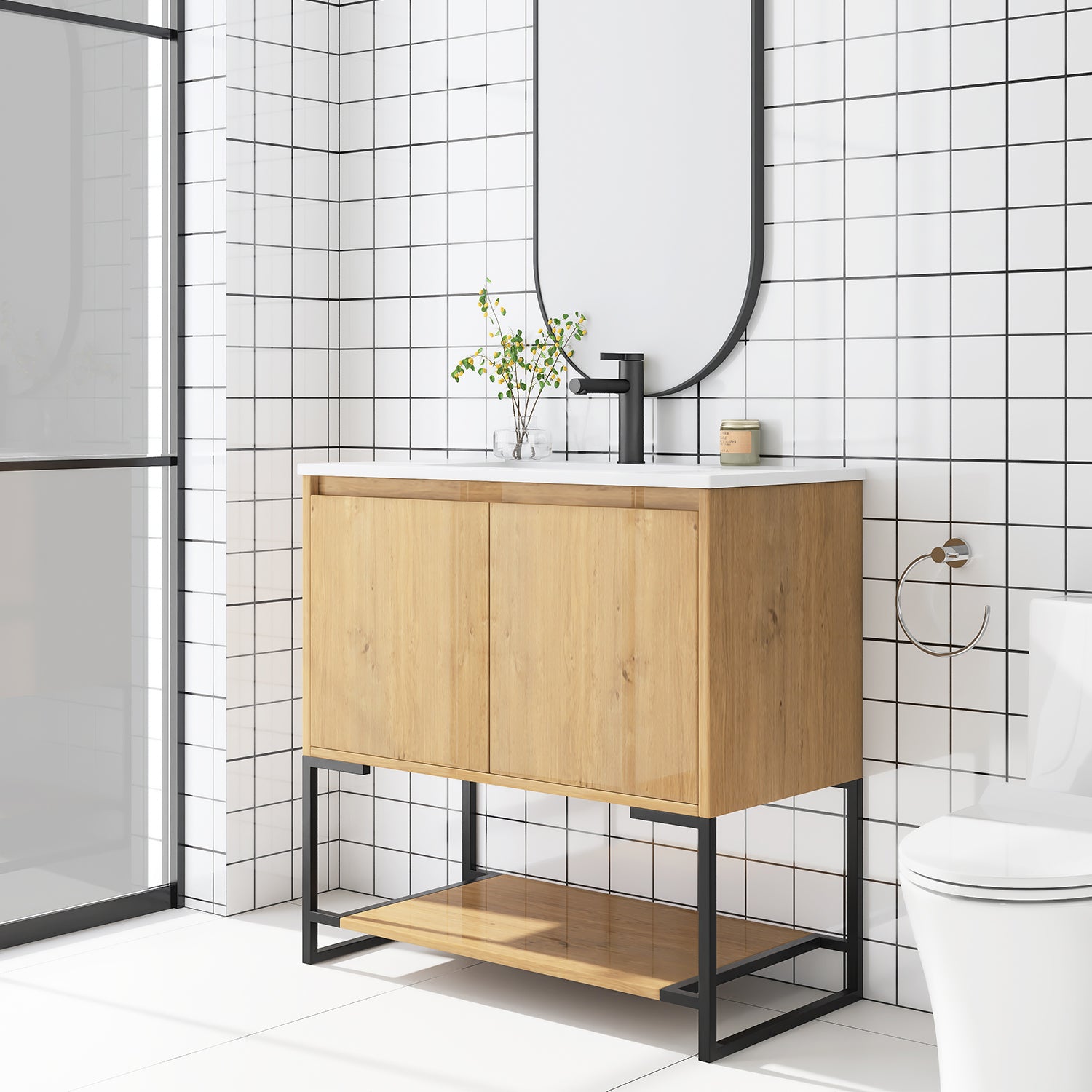 36 in. OAK-W Freestanding Bathroom Vanity Set with Integrated Sink