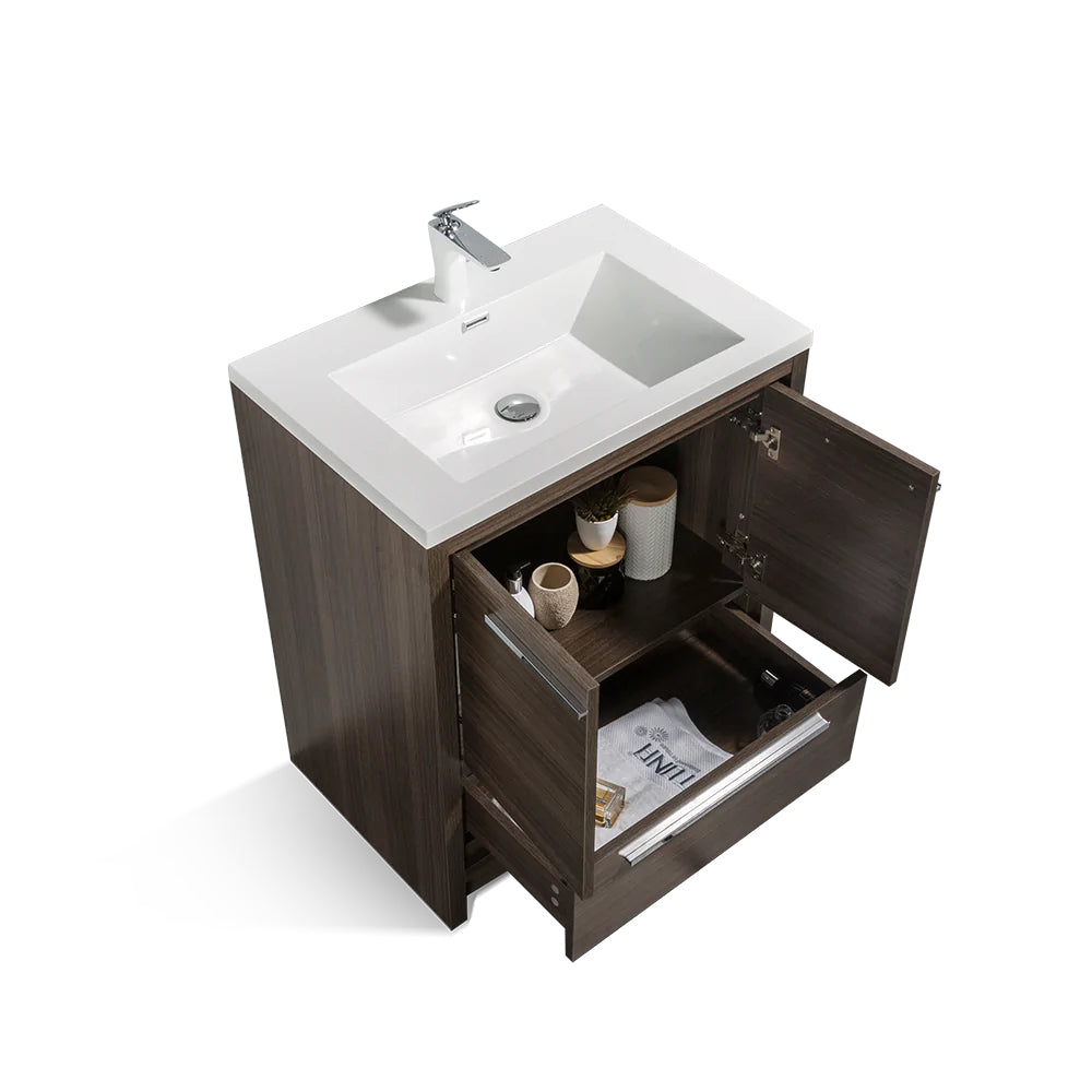 24 in. Freestanding Bathroom Vanity Set in Grey Oak with Integrated Solid Surface Sink