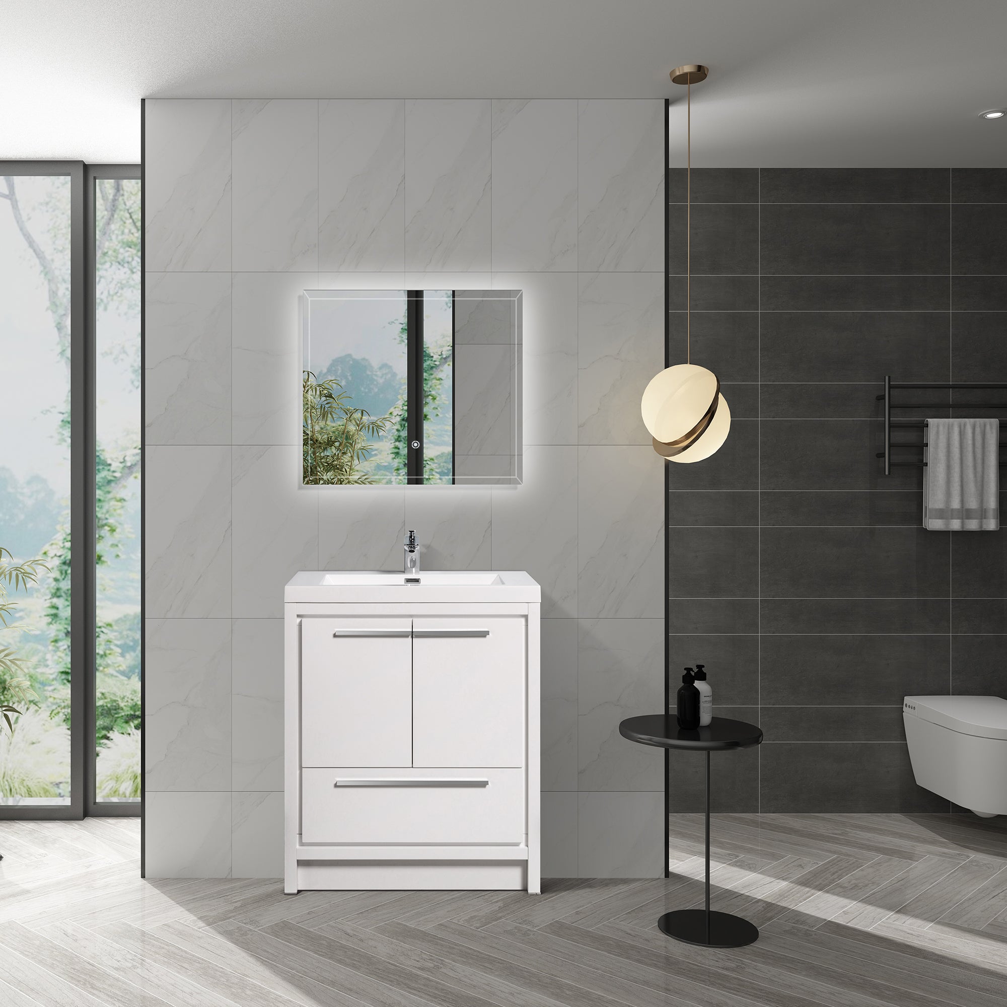 24 in. Freestanding Bathroom Vanity Set in HG-White with Integrated Solid Surface Sink