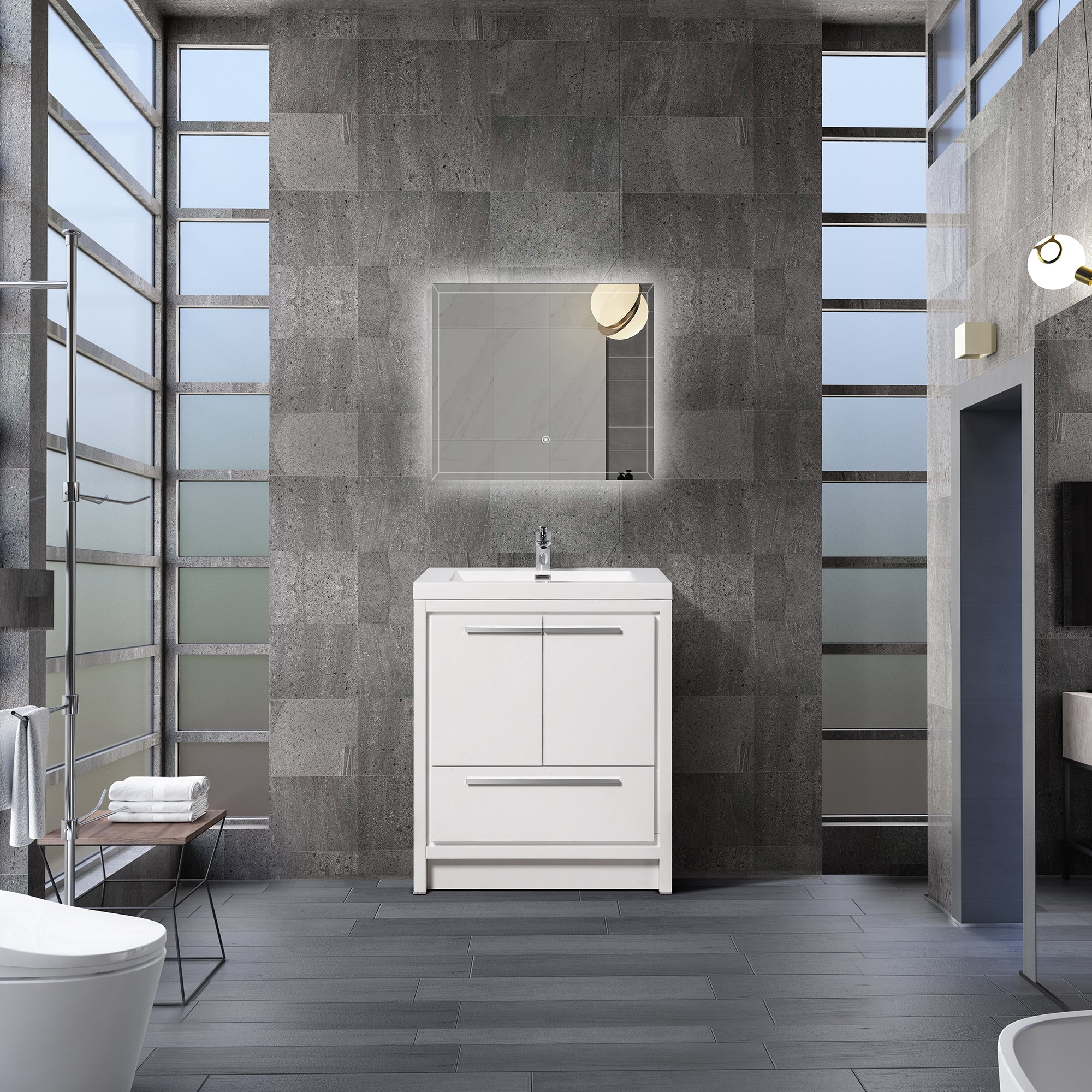 24 in. Freestanding Bathroom Vanity Set in HG-White with Integrated Solid Surface Sink