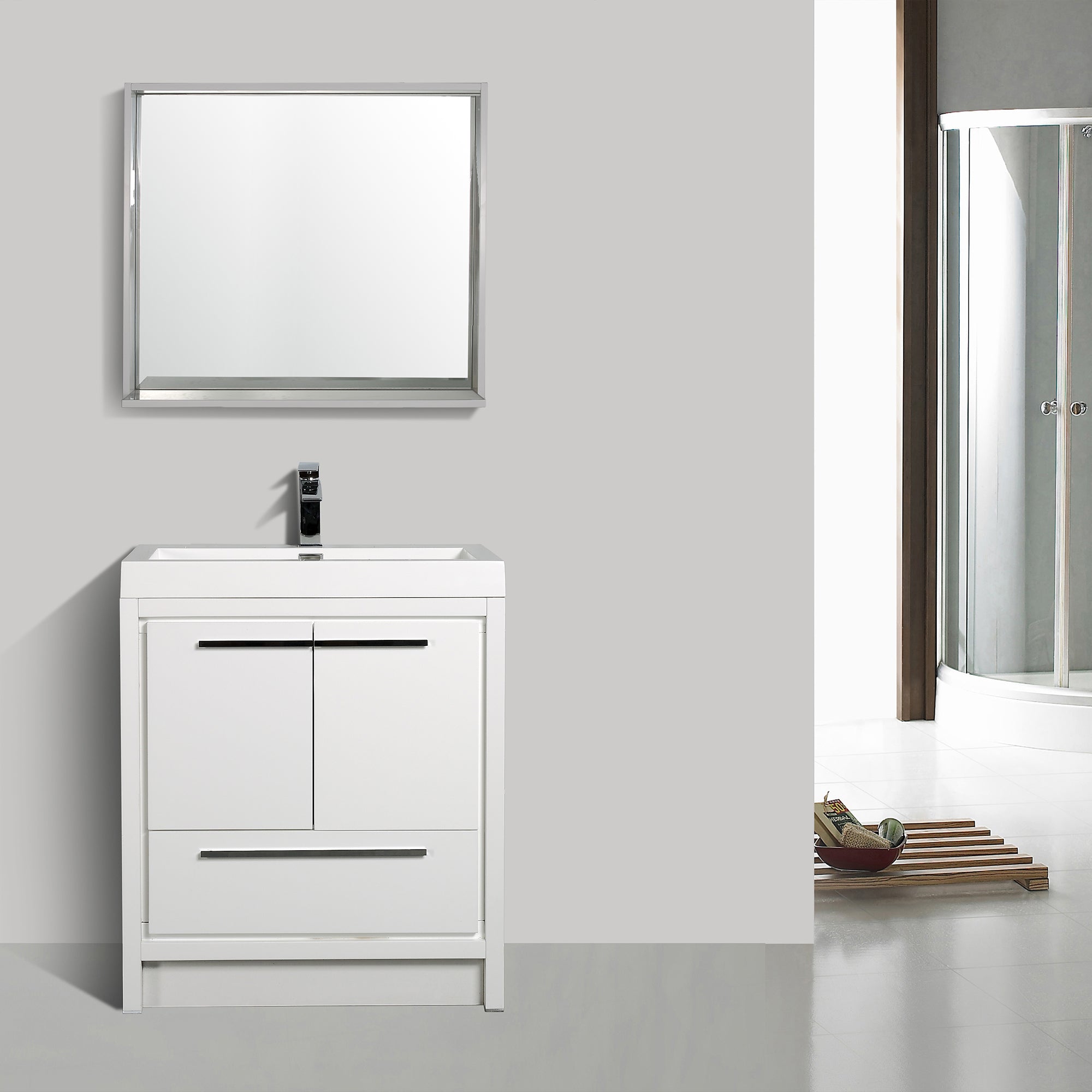 30 in. Freestanding Bathroom Vanity Set in HG-White with Integrated Solid Surface Sink