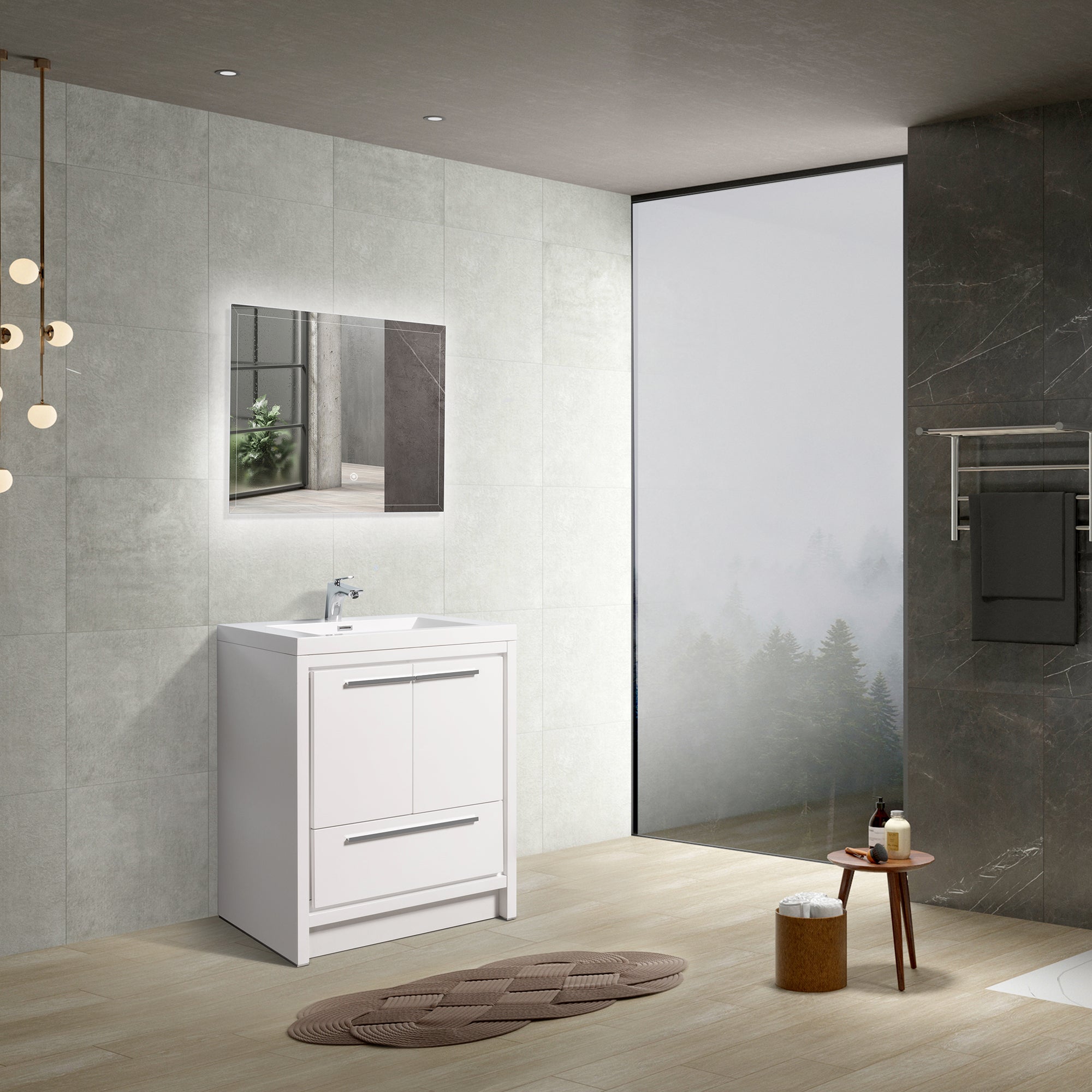 24 in. Freestanding Bathroom Vanity Set in HG-White with Integrated Solid Surface Sink
