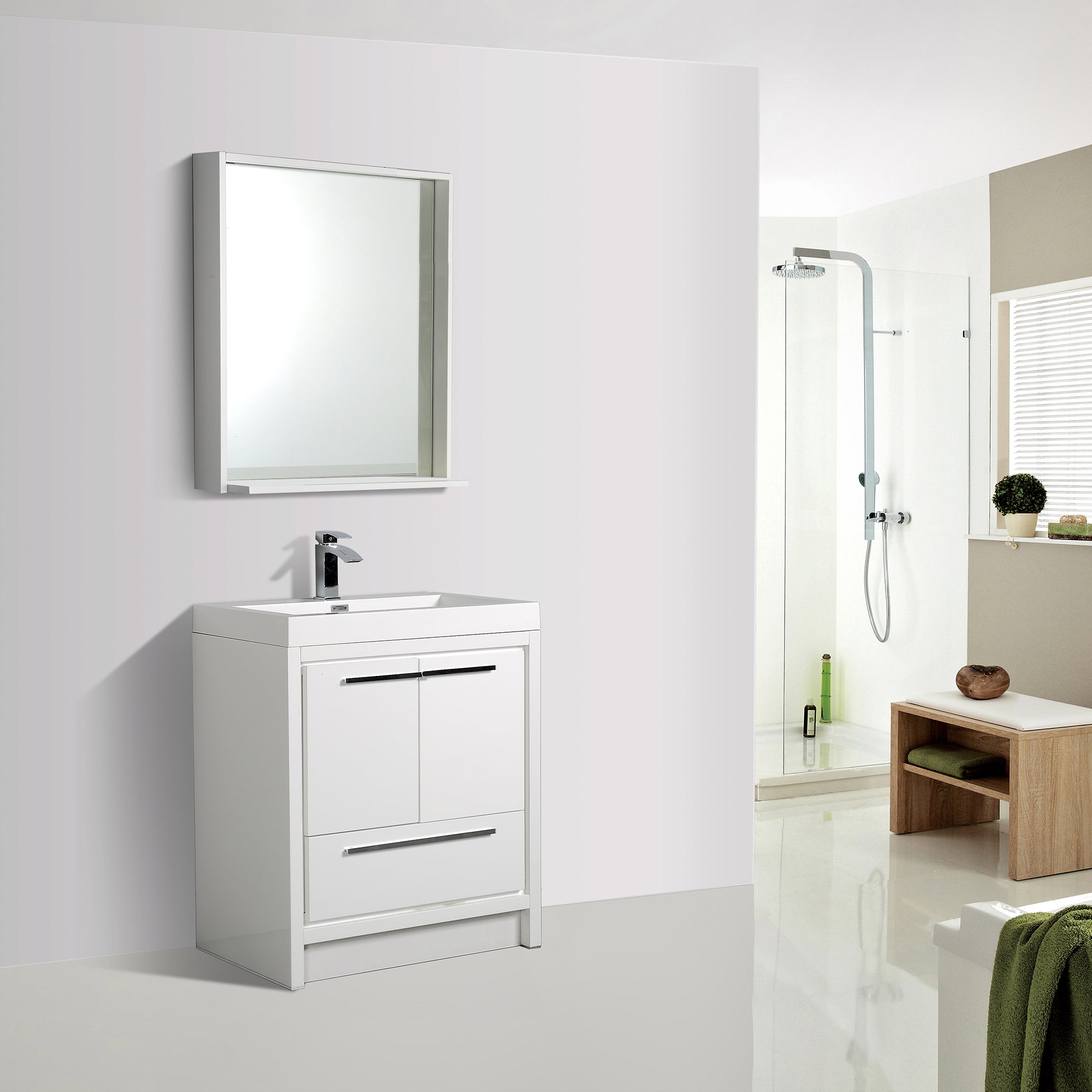 30 in. Freestanding Bathroom Vanity Set in HG-White with Integrated Solid Surface Sink