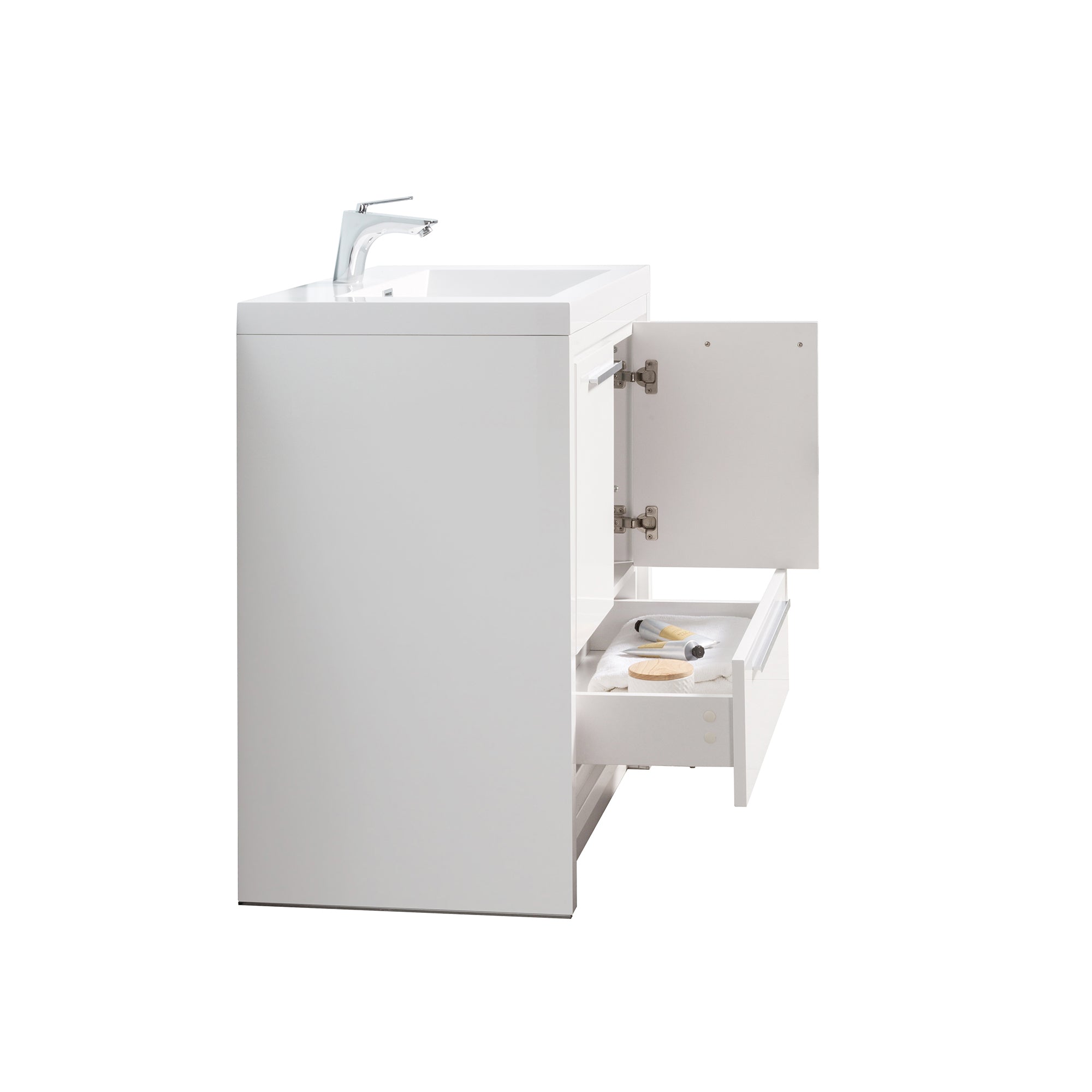 24 in. Freestanding Bathroom Vanity Set in HG-White with Integrated Solid Surface Sink