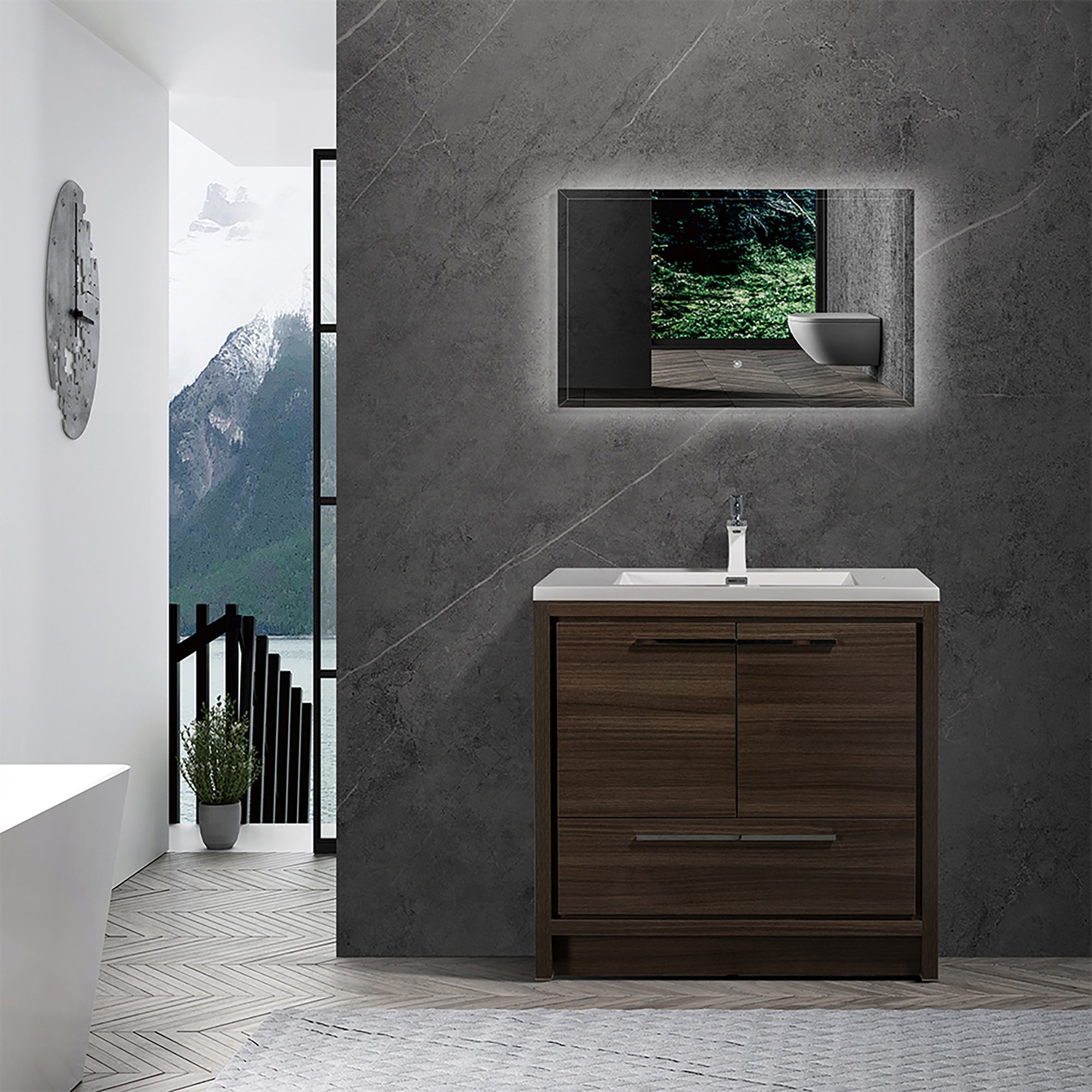 36 in. Freestanding Bathroom Vanity Set in Grey Oak with Integrated Solid Surface Sink