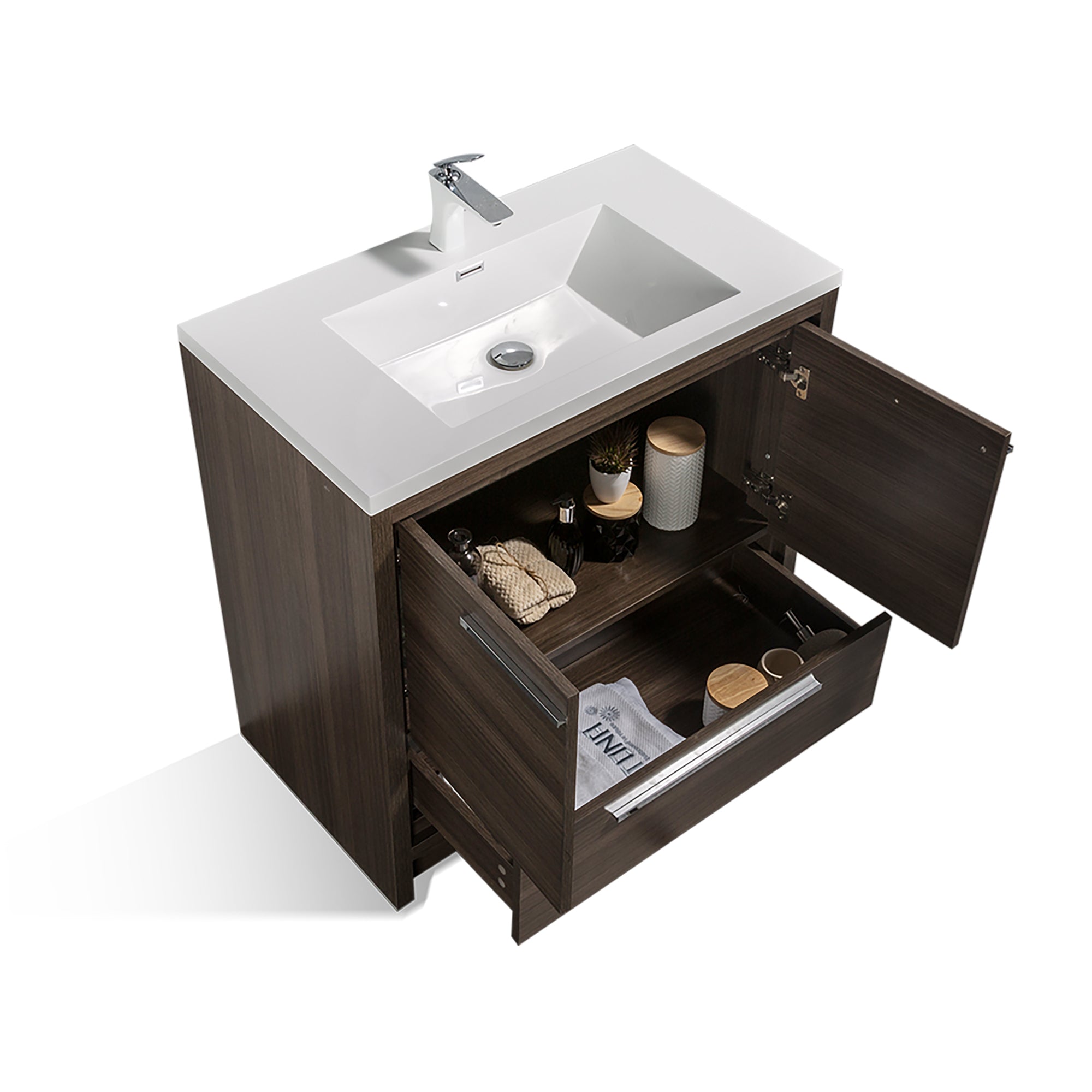 36 in. Freestanding Bathroom Vanity Set in Grey Oak with Integrated Solid Surface Sink